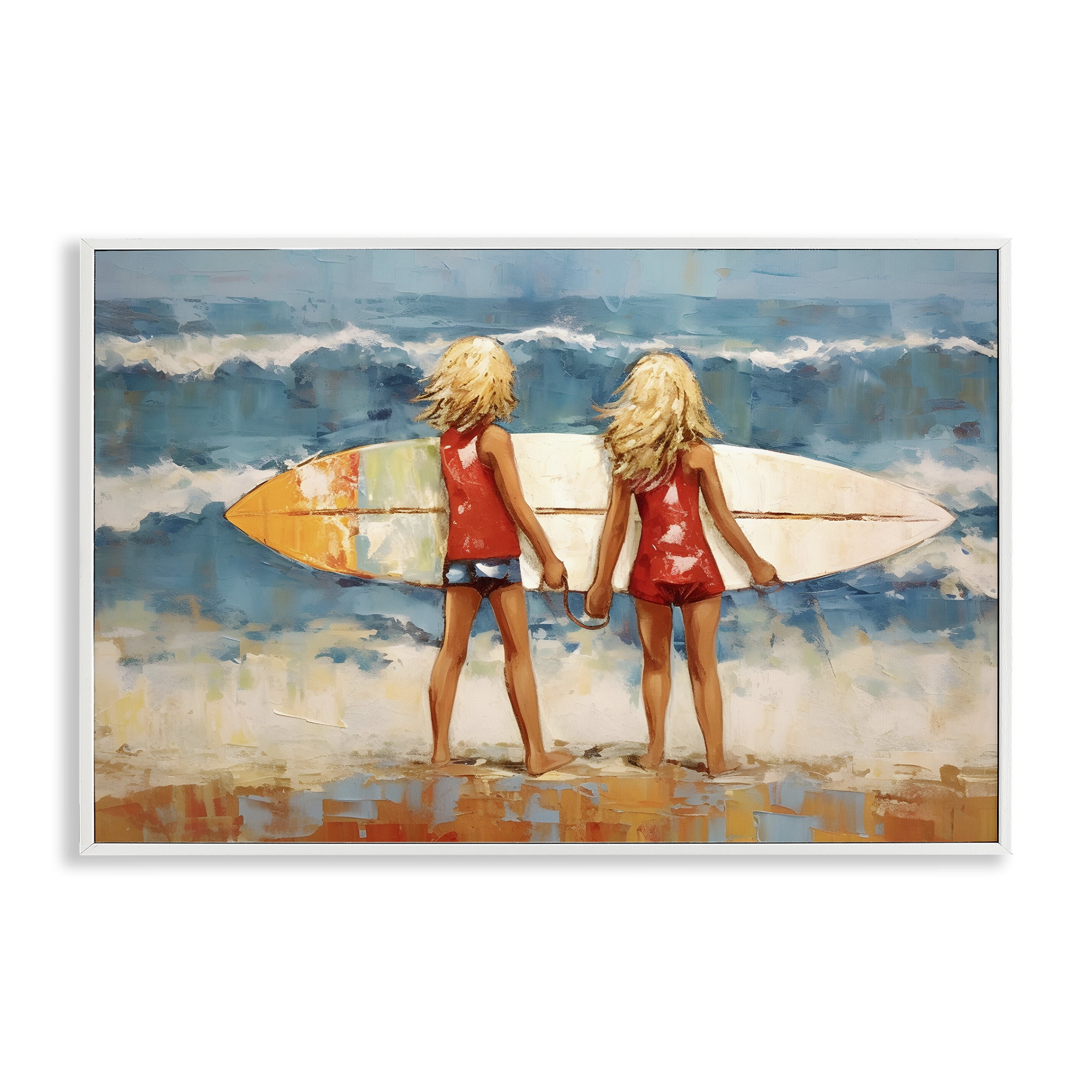 Stupell Industries Siblings with Surfboard People Painting White Framed Art Print Wall Art, 18 x 12