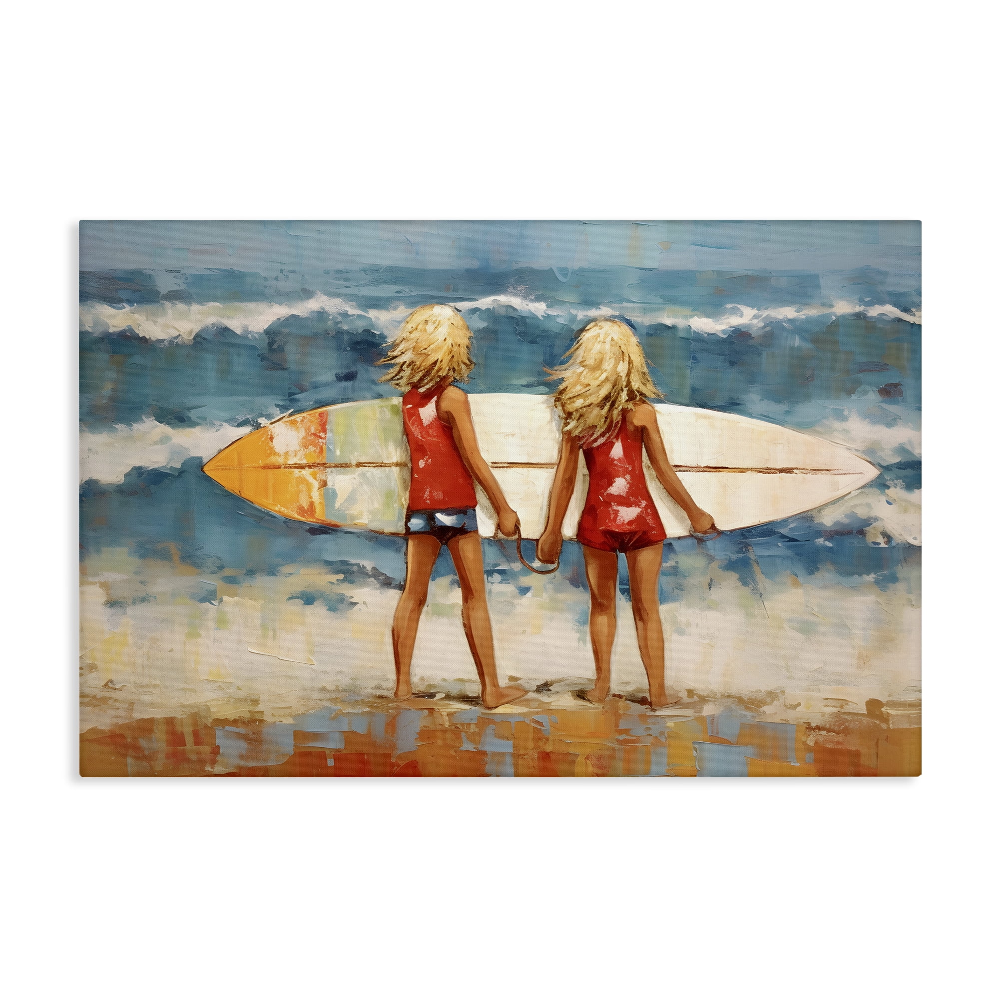 Stupell Industries Siblings with Surfboard People Painting Wrapped Canvas Art Print Wall Art, 30 x 20