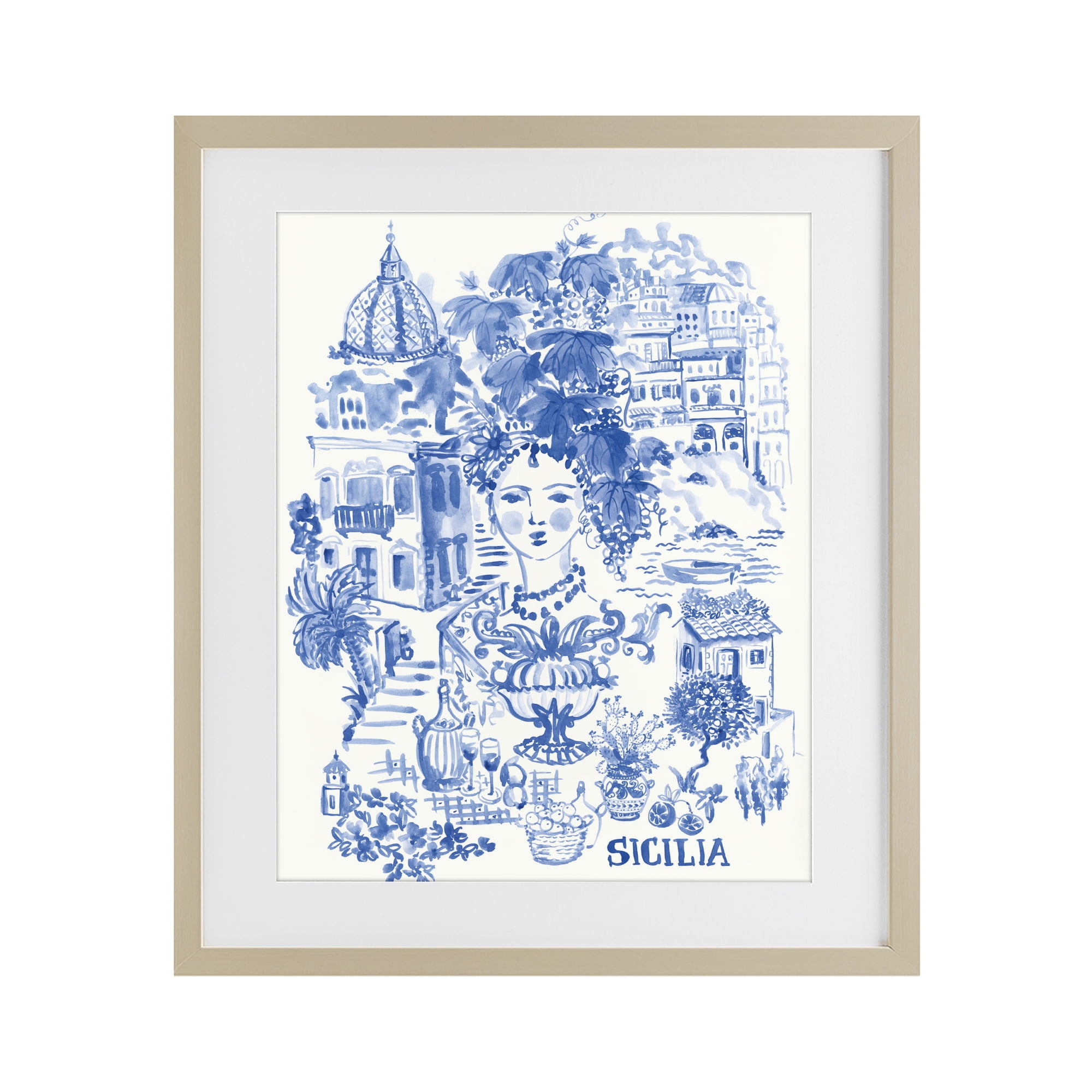 Stupell Industries Sicilia City In Blue Birch Framed Print Under Glass, design by Karolina Sato