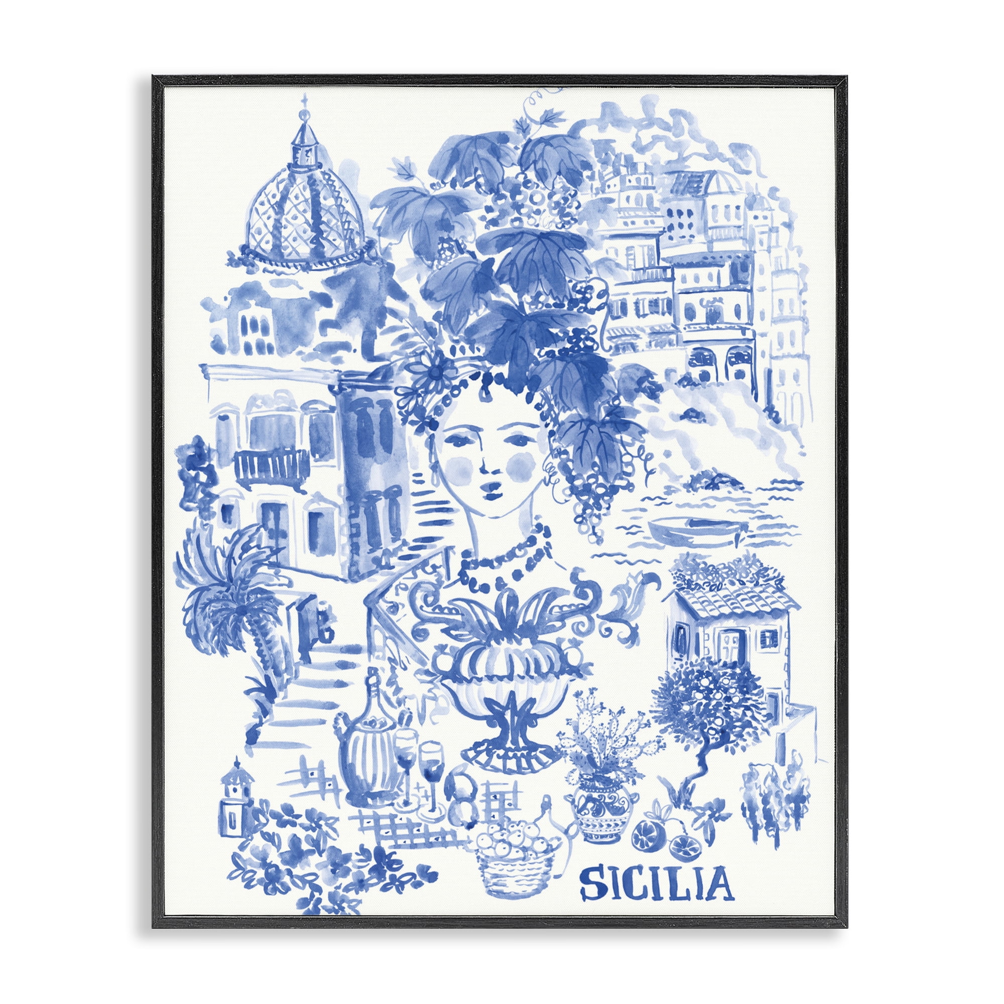 Stupell Industries Sicilia City In Blue Black Framed Giclee Art, design by Karolina Sato
