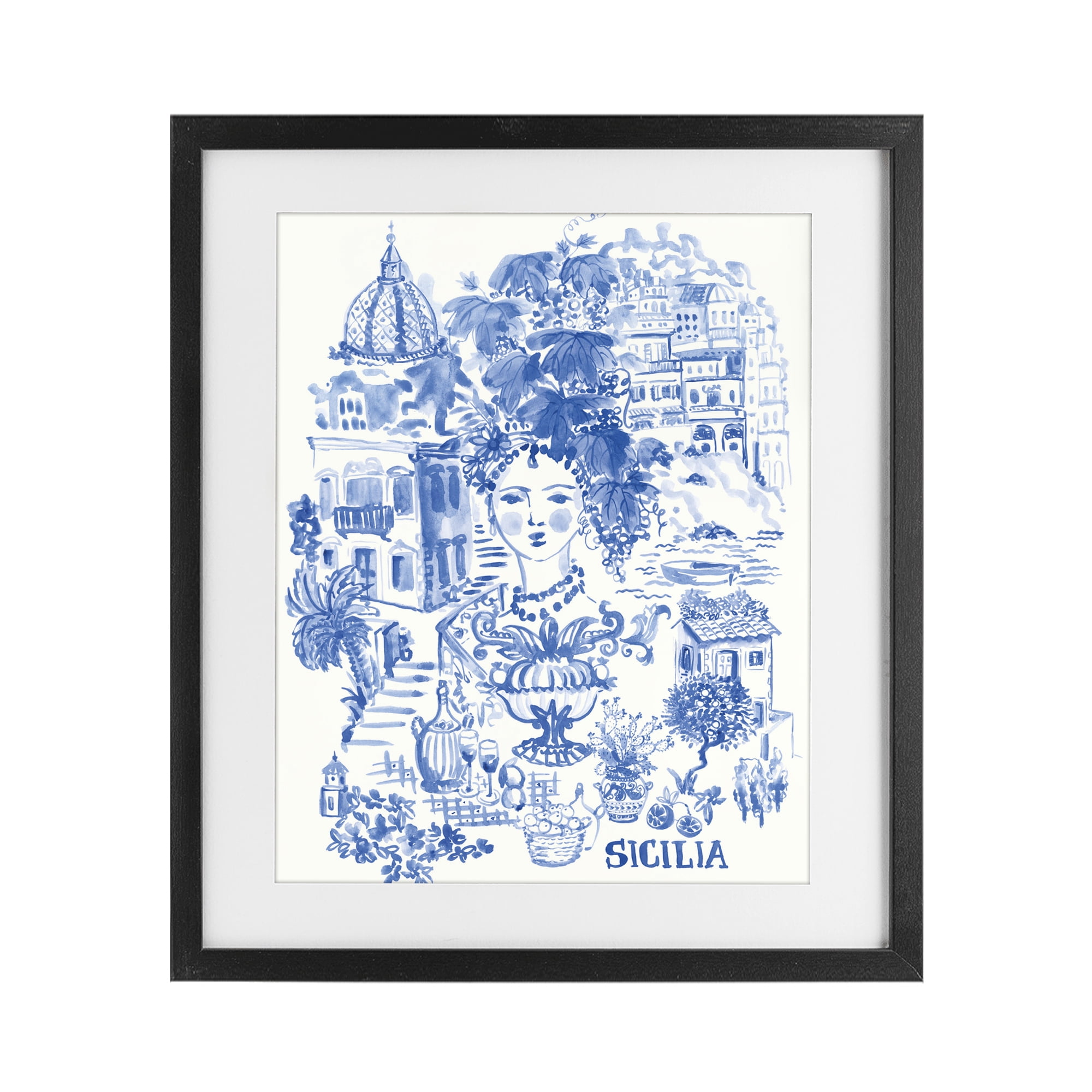 Stupell Industries Sicilia City In Blue Black Framed Print Under Glass, design by Karolina Sato