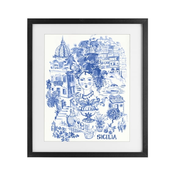 Stupell Industries Glam Sicilia City In Blue Black Framed Print Under Glass, 13 x 16, by Karolina Sato