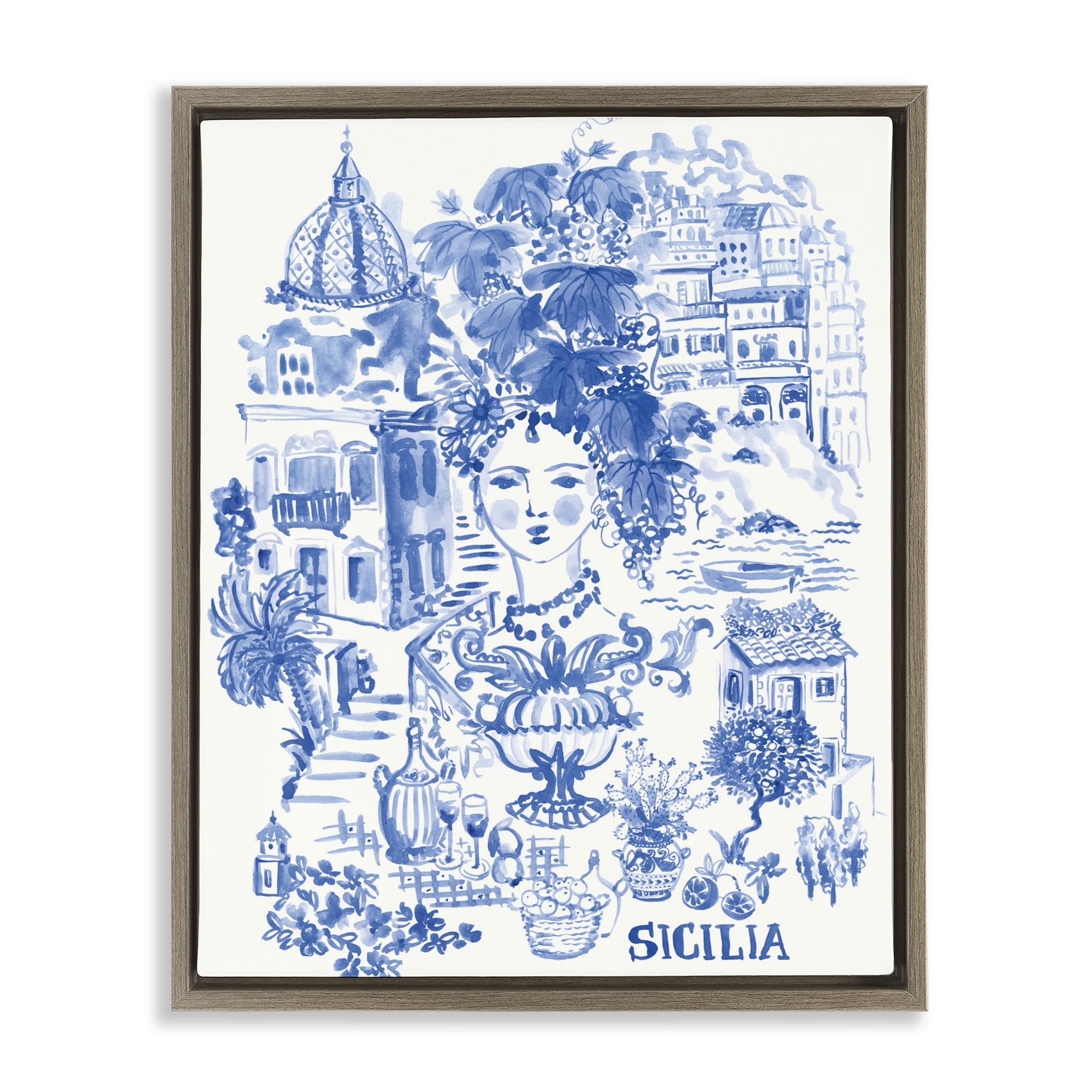 Stupell Industries Sicilia City In Blue Brown Framed Floater Canvas Wall Art, design by Karolina Sato