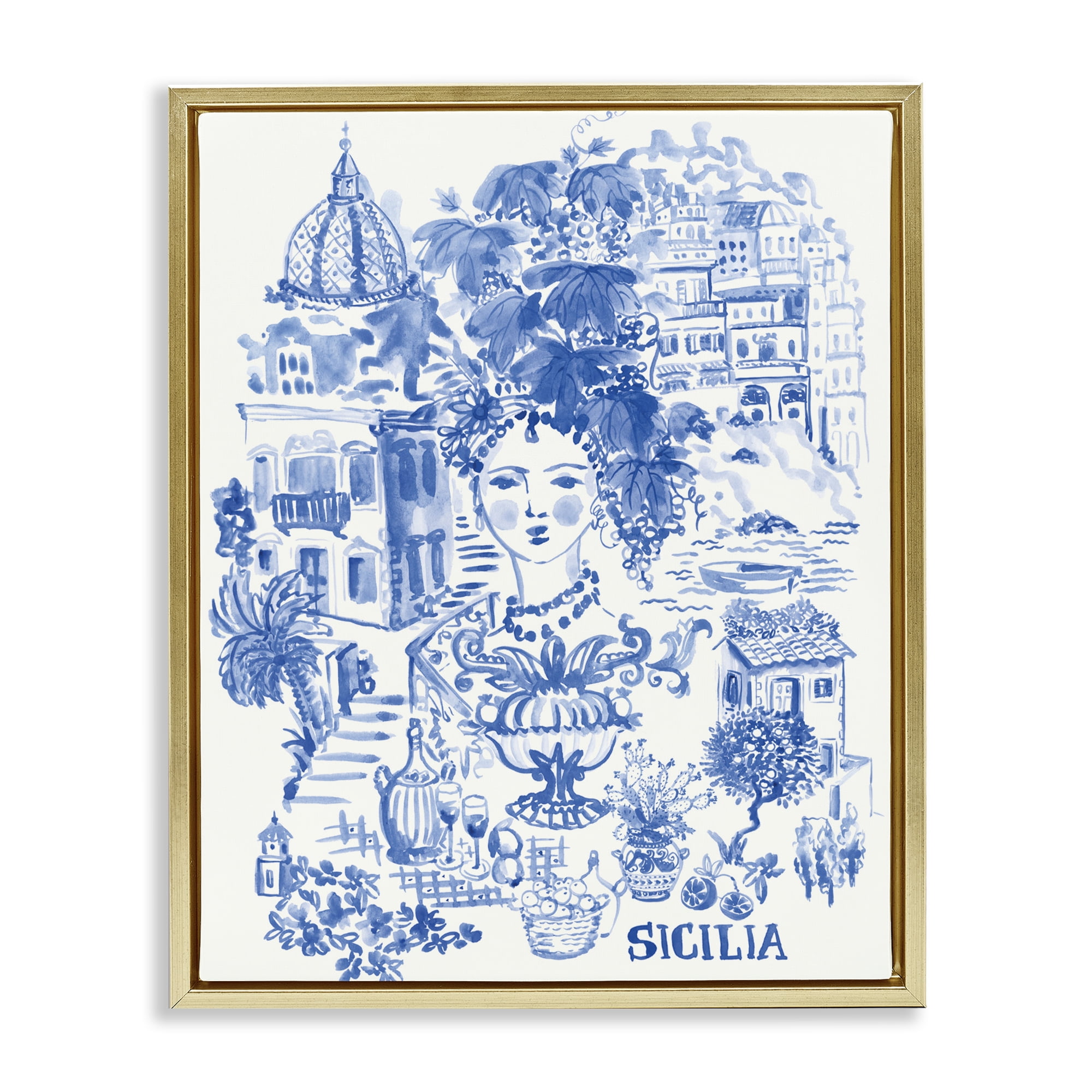 Stupell Industries Sicilia City In Blue Gold Framed Floater Canvas Wall Art, design by Karolina Sato