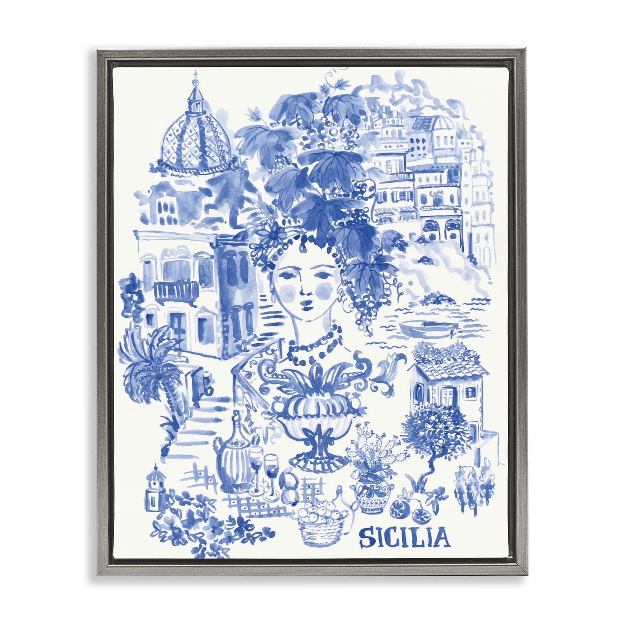 Stupell Industries Sicilia City In Blue Gray Framed Floater Canvas Wall Art, design by Karolina Sato