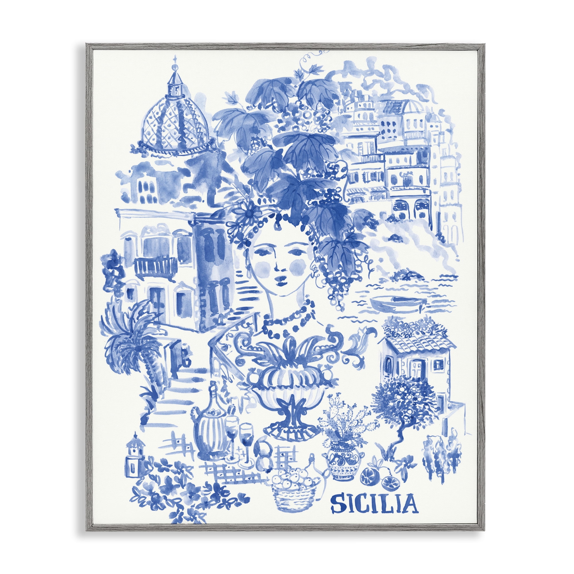 Stupell Industries Sicilia City In Blue Gray Framed Giclee Art, design by Karolina Sato