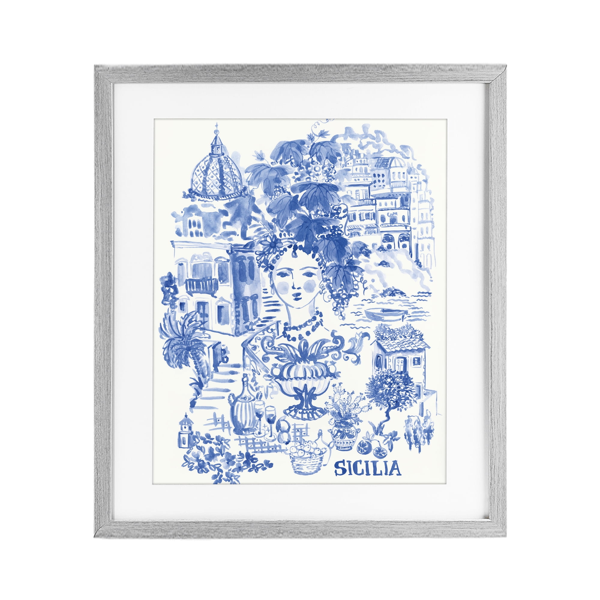 Stupell Industries Sicilia City In Blue Gray Framed Print Under Glass, design by Karolina Sato