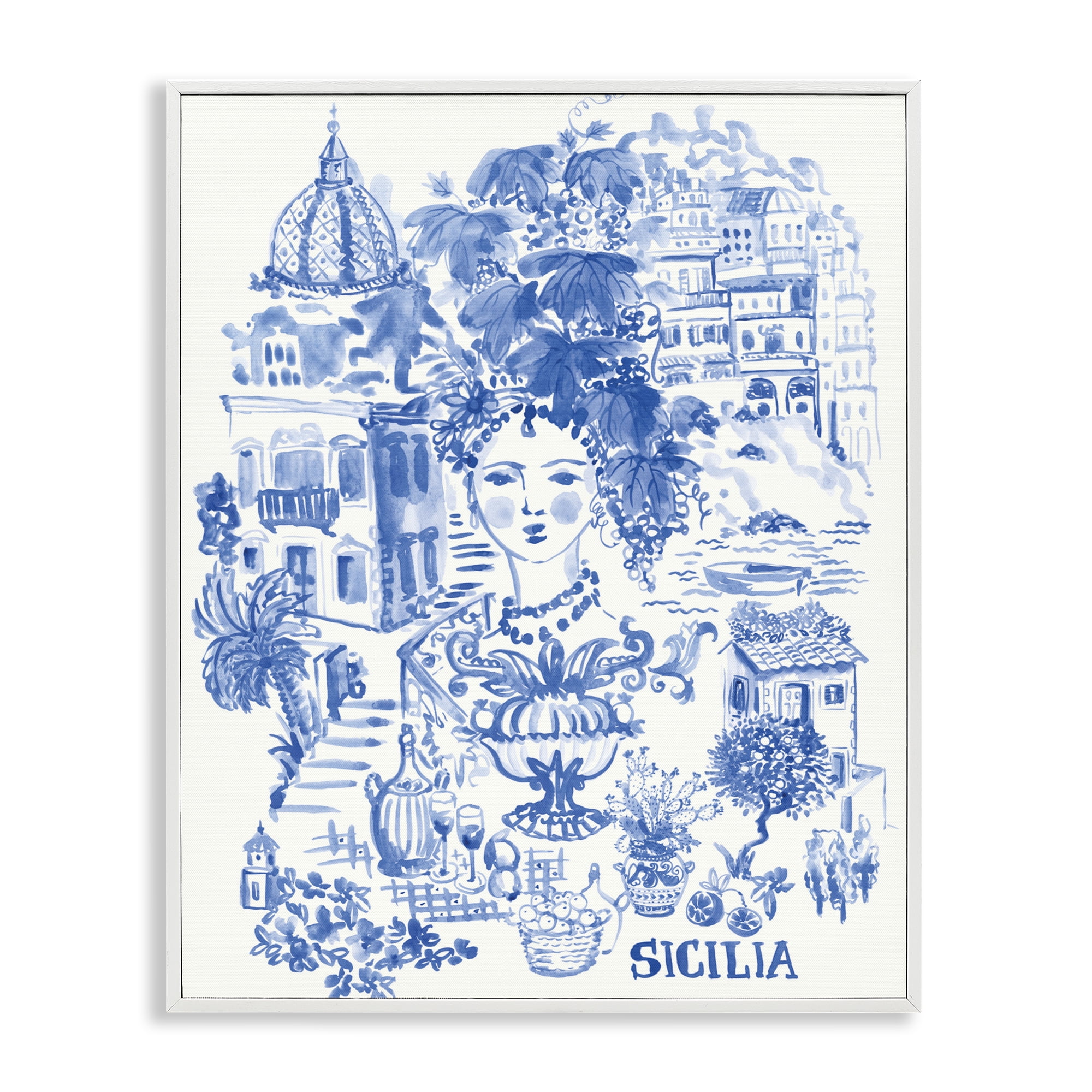 Stupell Industries Sicilia City In Blue White Framed Giclee Art, design by Karolina Sato