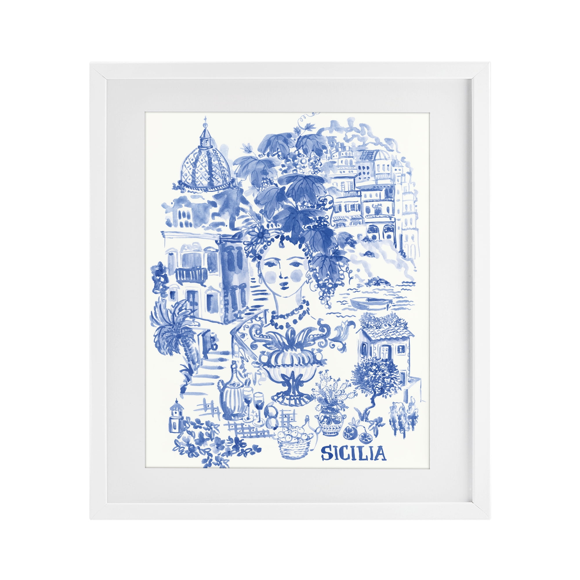 Stupell Industries Sicilia City In Blue White Framed Print Under Glass, design by Karolina Sato