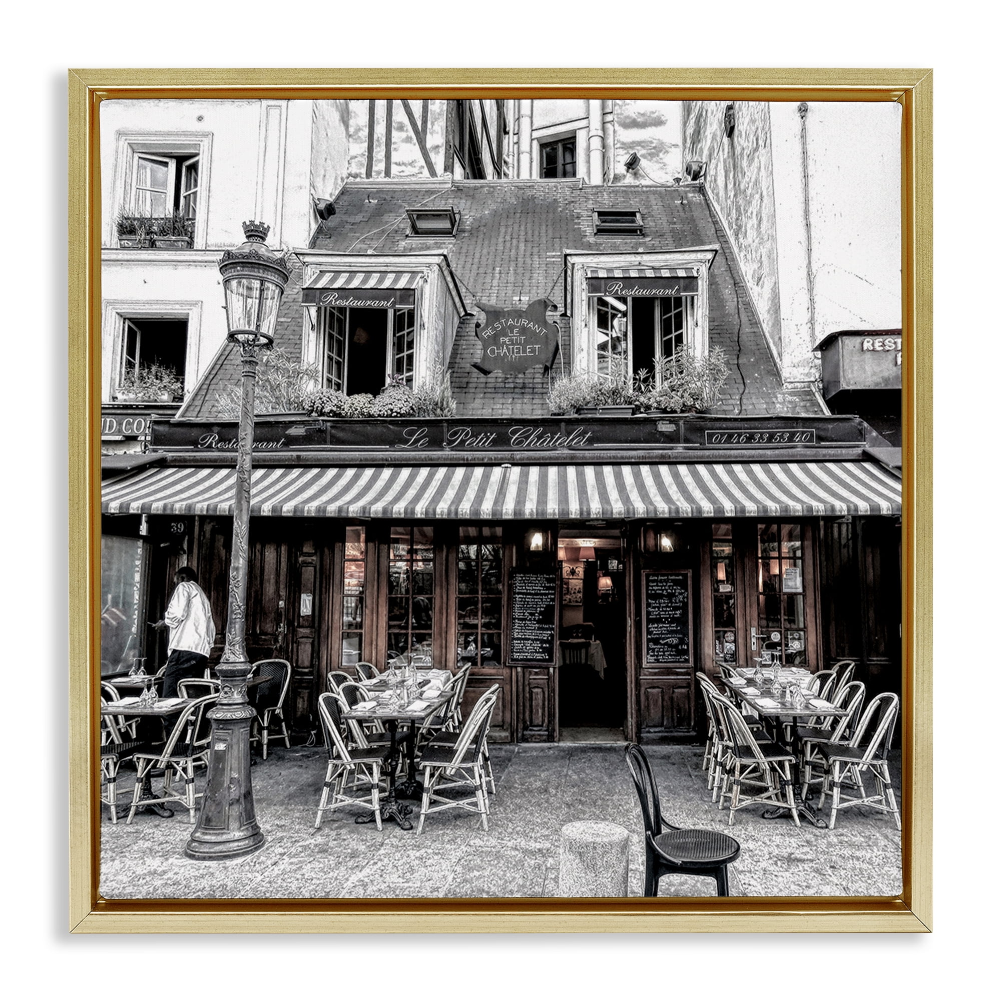 Stupell Industries Sidewalk Café Bistro Buildings & Architecture Photography Gold Floater Framed Canvas Art Print Wall Art, 18 x 18