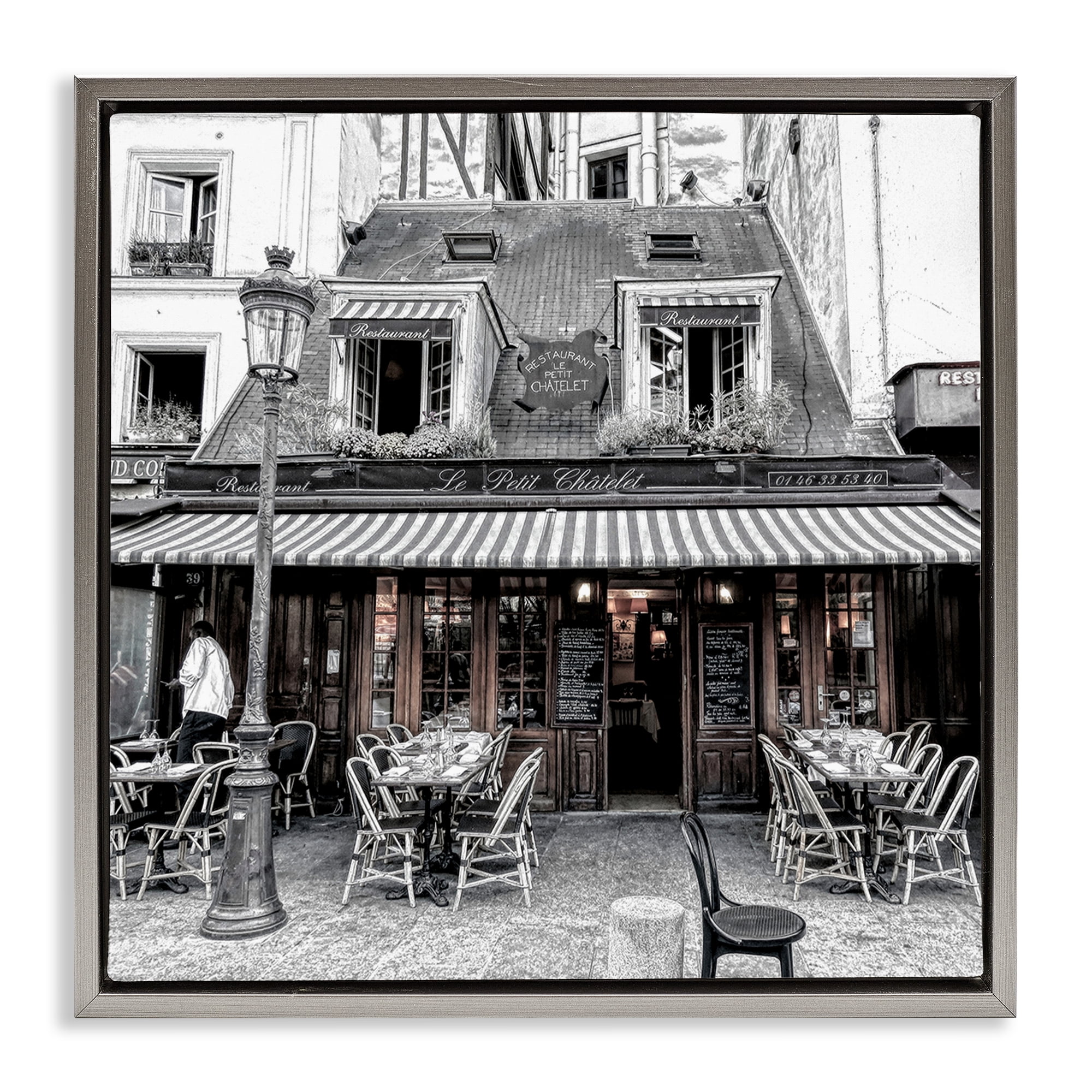 Stupell Industries Sidewalk Café Bistro Buildings & Architecture Photography Gray Floater Framed Canvas Art Print Wall Art, 18 x 18