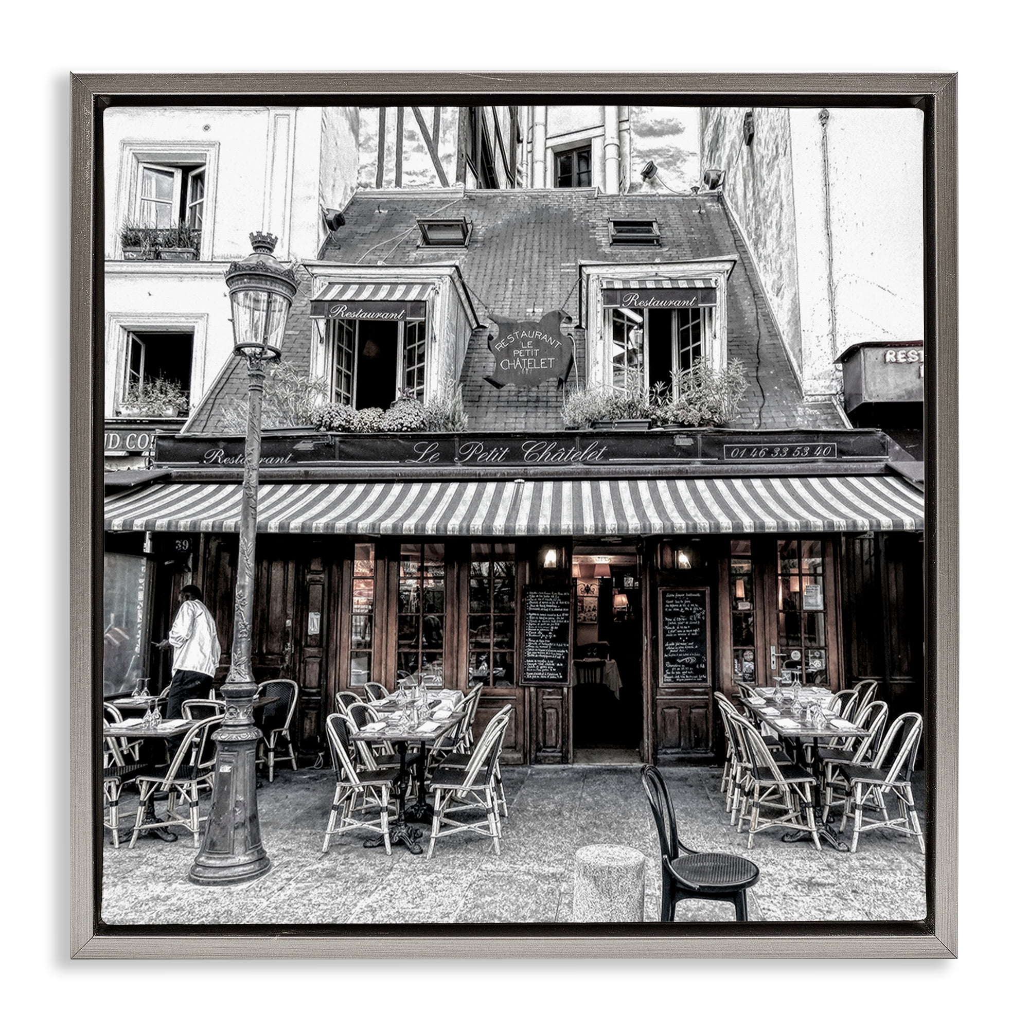 Stupell Industries Sidewalk Café Bistro Buildings & Architecture Photography Gray Floater Framed Canvas Art Print Wall Art, 25 x 25
