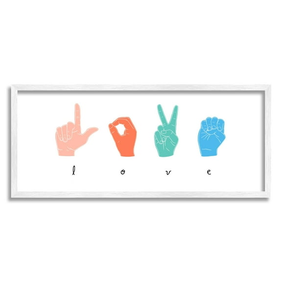 Stupell Industries Sign Language Love Hands Design Graphic Art White Framed Art Print Wall Art, 13x30, by Emma Scarvey