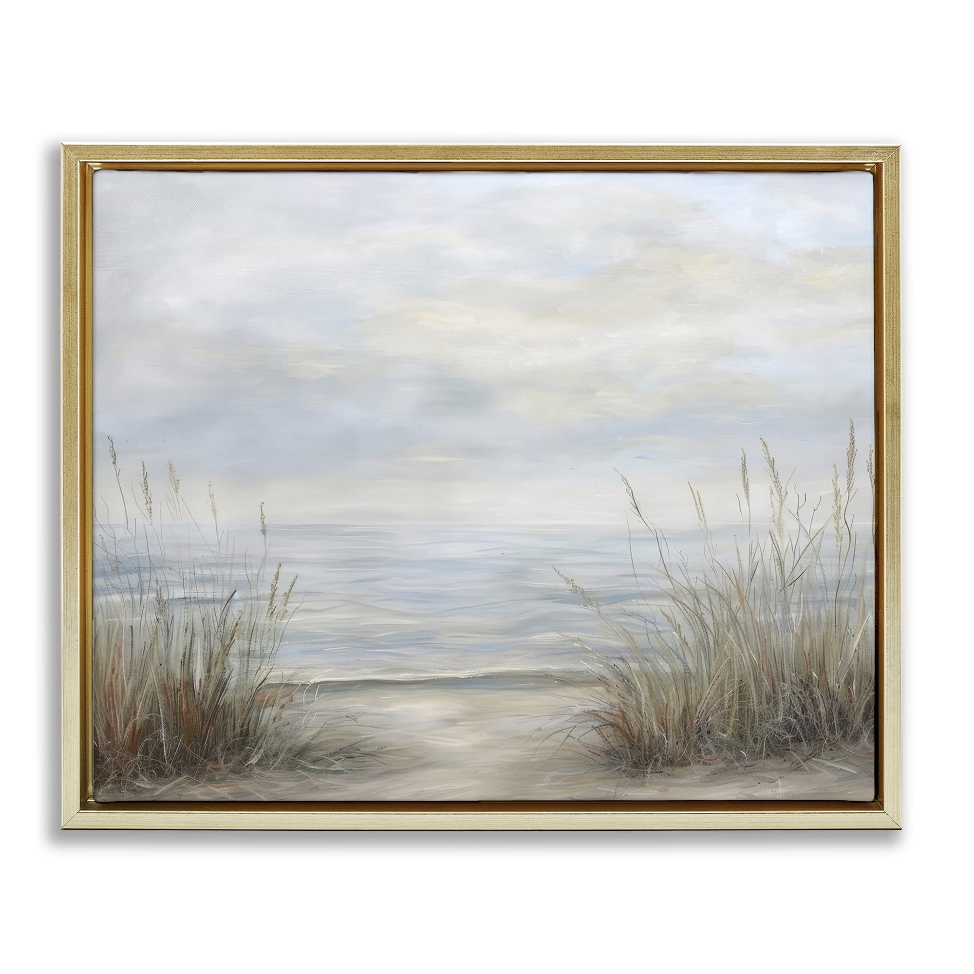 Stupell Industries Silent Beach with Seaside Dunes Gold Framed Floater Canvas Wall Art, design by Petal Prints Design