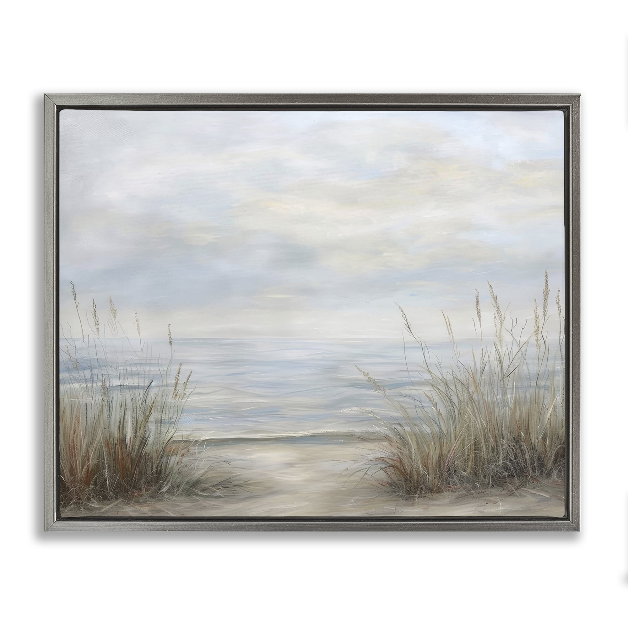 Stupell Industries Silent Beach with Seaside Dunes Gray Framed Floater Canvas Wall Art, design by Petal Prints Design