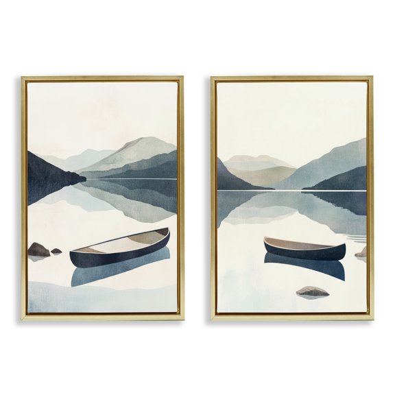 Stupell Industries Silent Mountain Shore 2 Piece Gold Framed Floater Canvas Set design by Mona Grace, 25 x 17