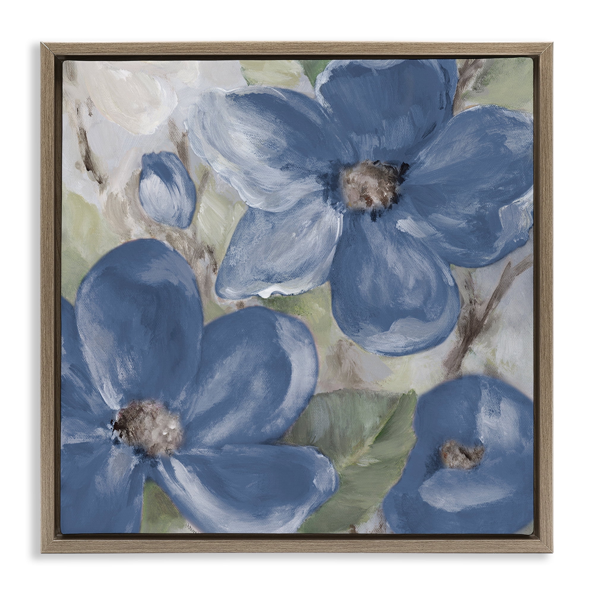 Stupell Industries Silently Blue Bloom Botanical & Floral Painting Brown Floater Framed Art Print Wall Art, 18 x 18