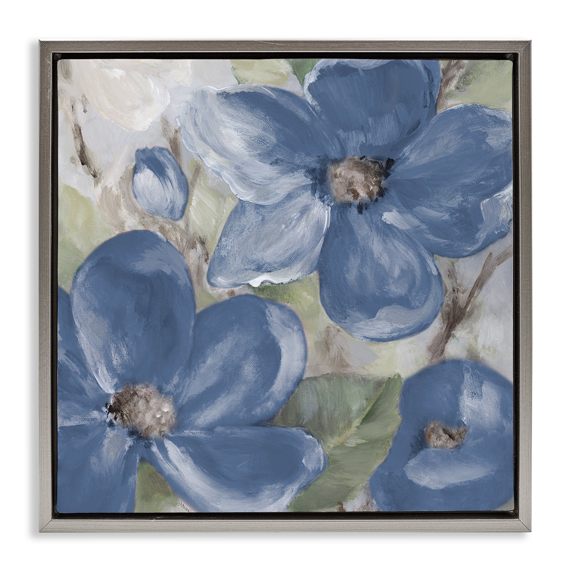 Stupell Industries Silently Blue Bloom Botanical & Floral Painting Gray Floater Framed Art Print Wall Art, 25 x 25