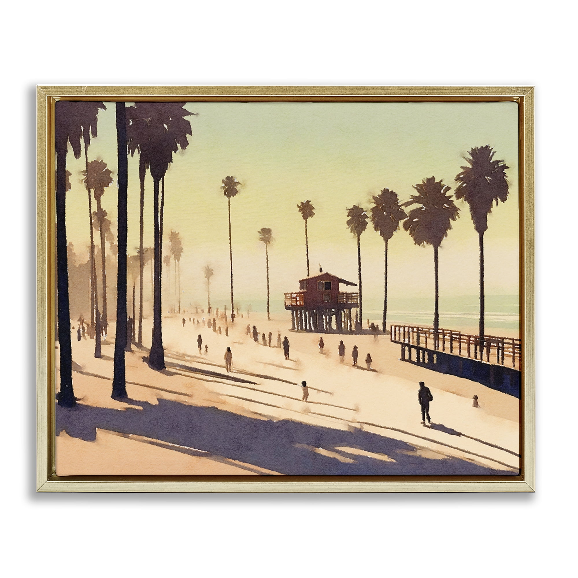 Stupell Industries Silhouettes on Beach Landscape & Nature Painting Gold Floater Framed Canvas Art Print Wall Art, 31 x 25