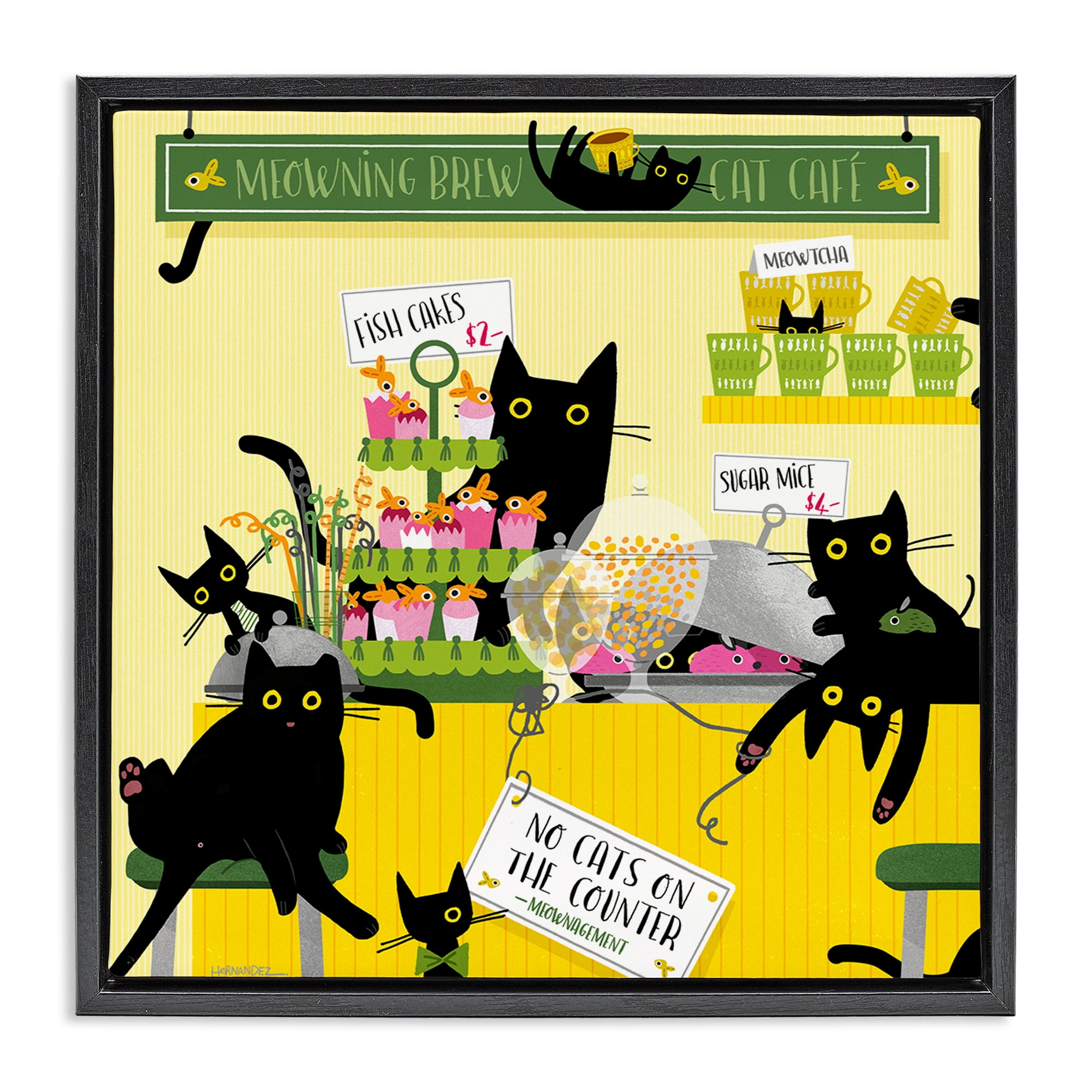 Stupell Industries Silly Cat Café Bakery Animals Painting Black Floater Framed Canvas Art Print Wall Art, 18 x 18