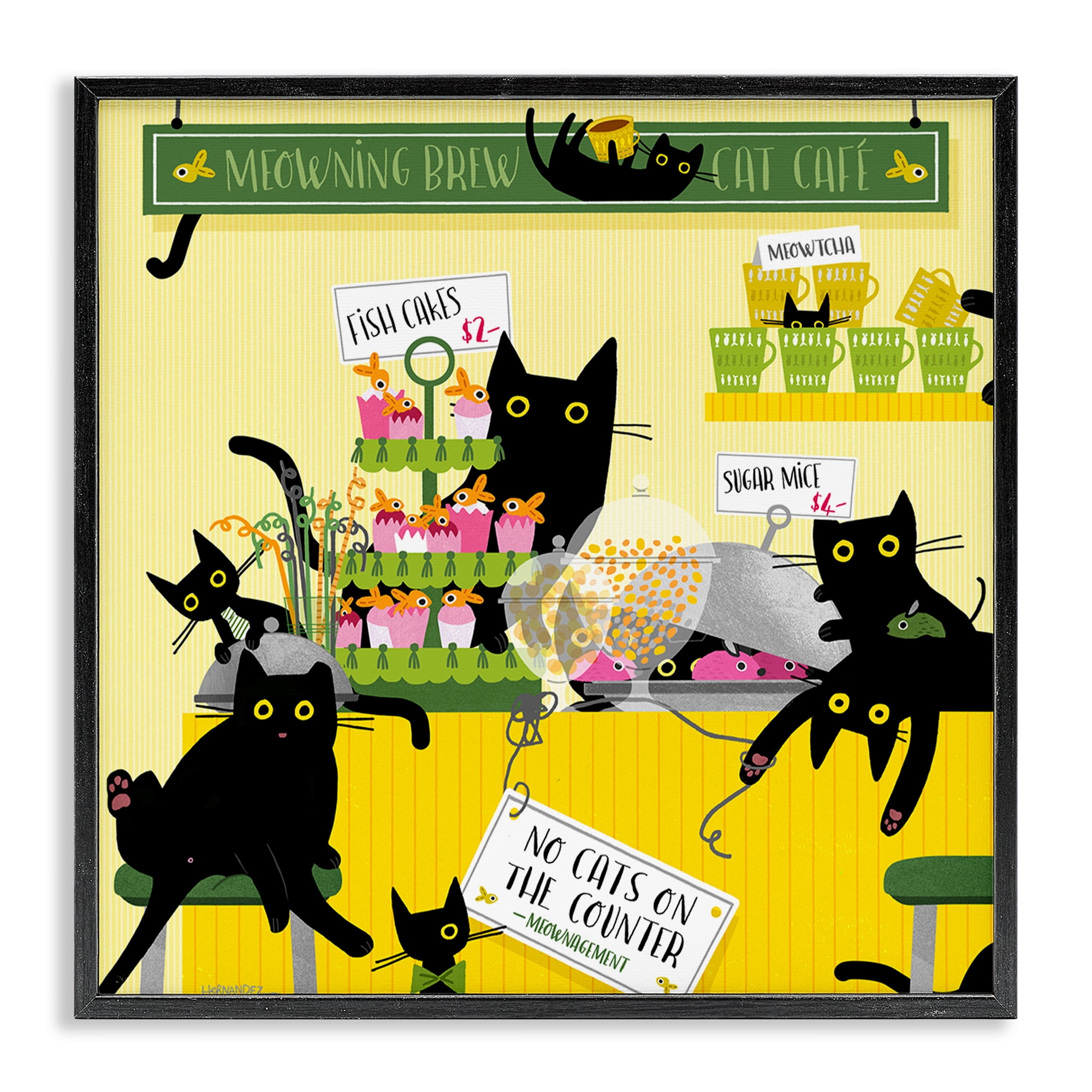 Stupell Industries Silly Cat Café Bakery Animals Painting Black Framed Art Print Wall Art, 17 x 17