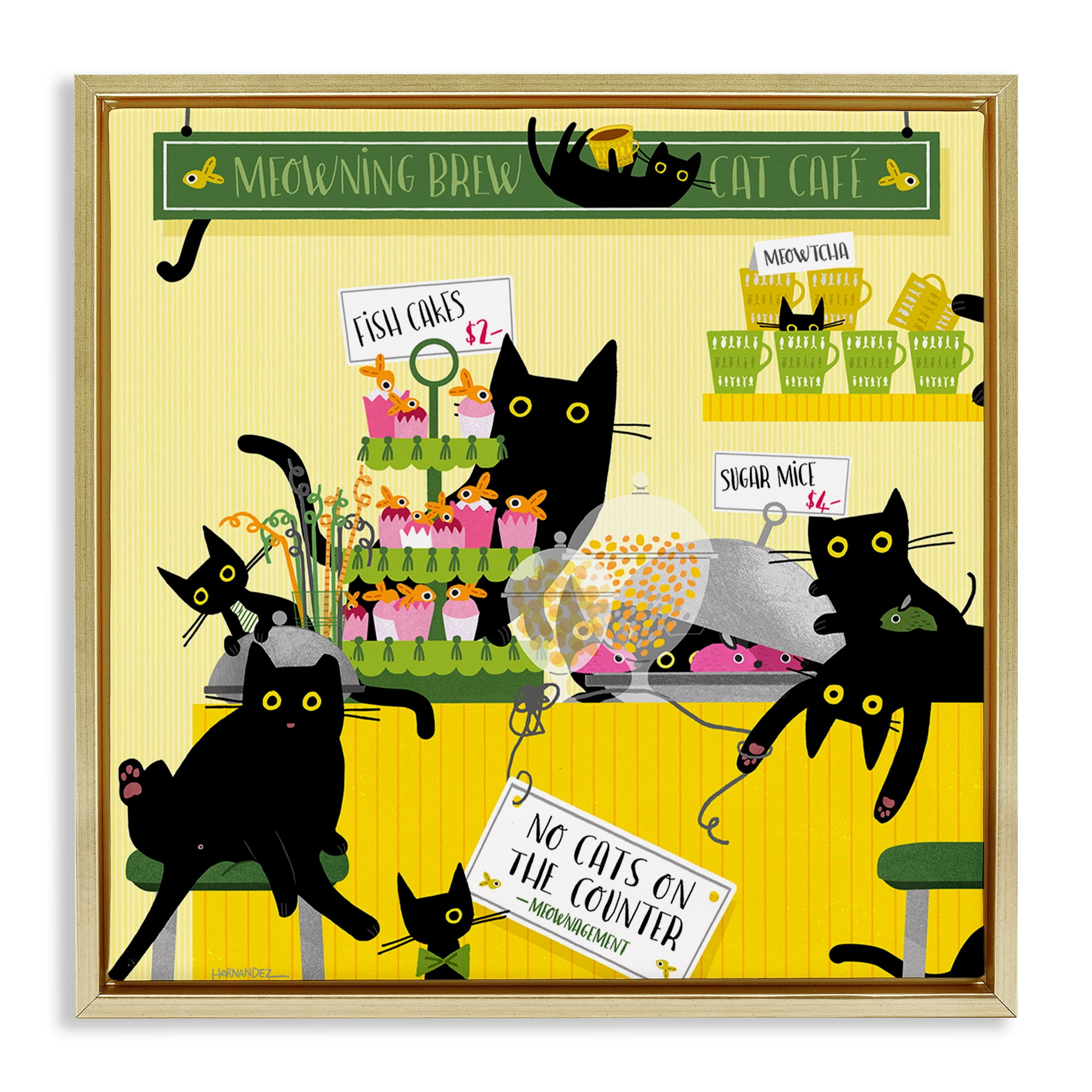 Stupell Industries Silly Cat Café Bakery Animals Painting Gold Floater Framed Canvas Art Print Wall Art, 18 x 18