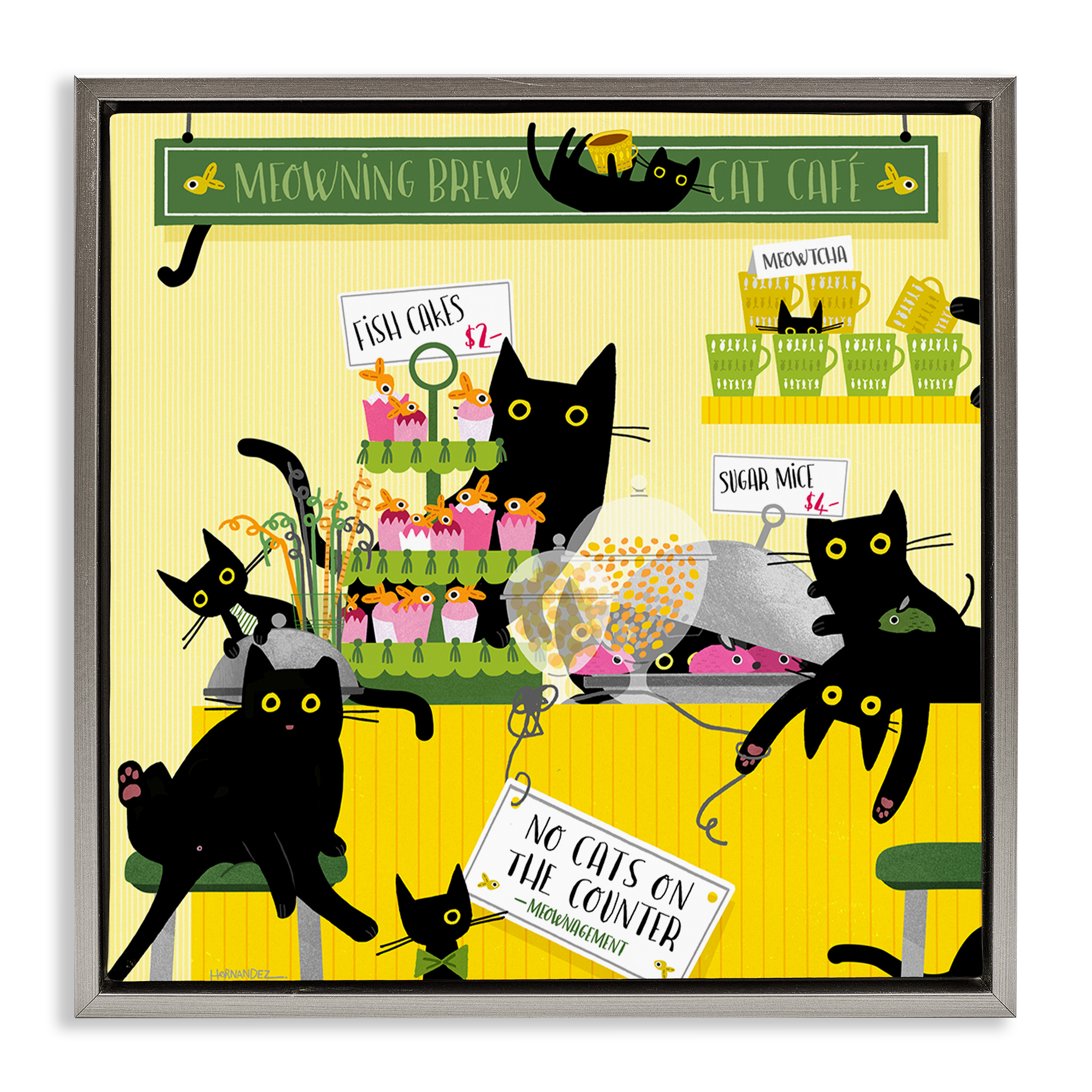 Stupell Industries Silly Cat Café Bakery Animals Painting Gray Floater Framed Canvas Art Print Wall Art, 18 x 18