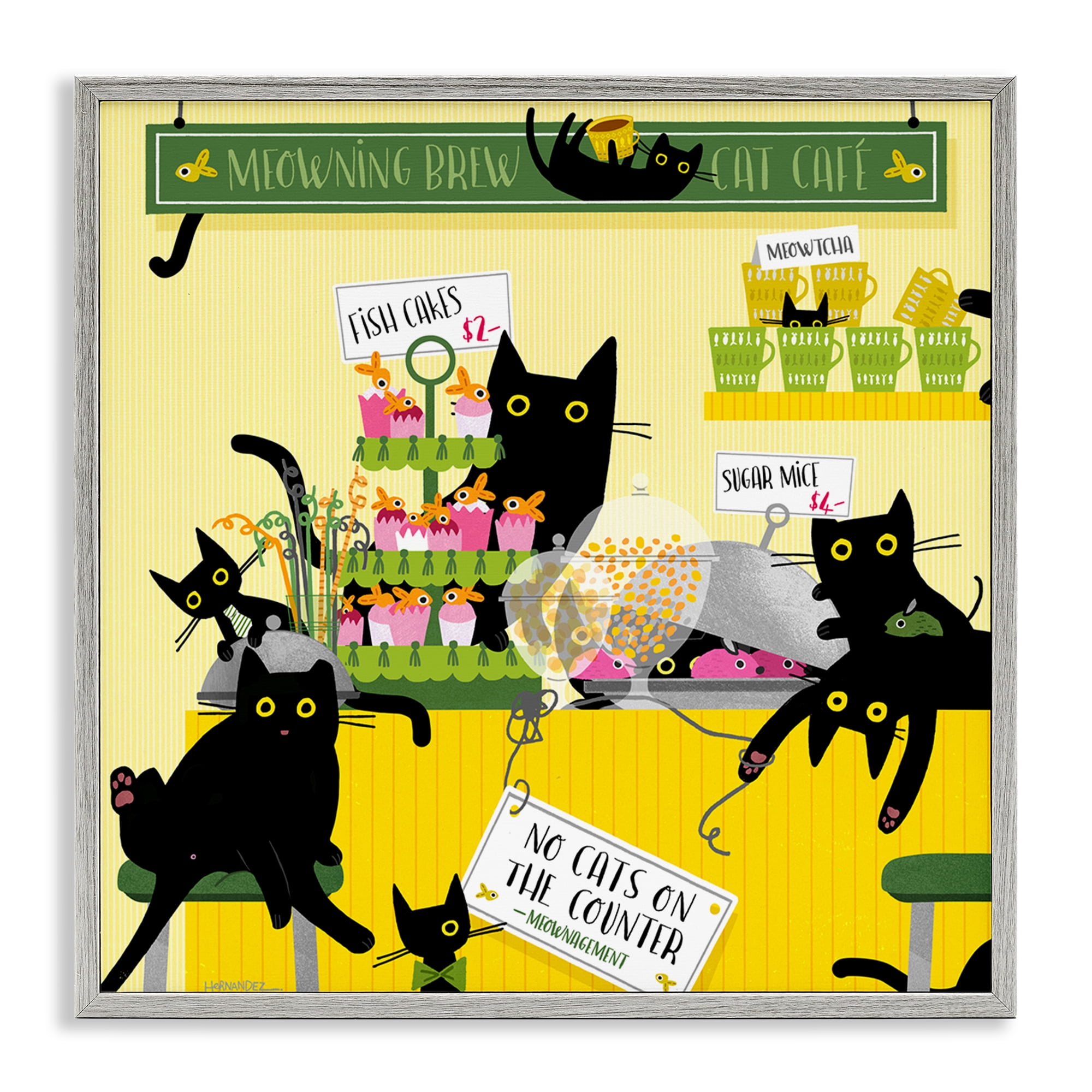 Stupell Industries Silly Cat Café Bakery Animals Painting Gray Framed Art Print Wall Art, 17 x 17