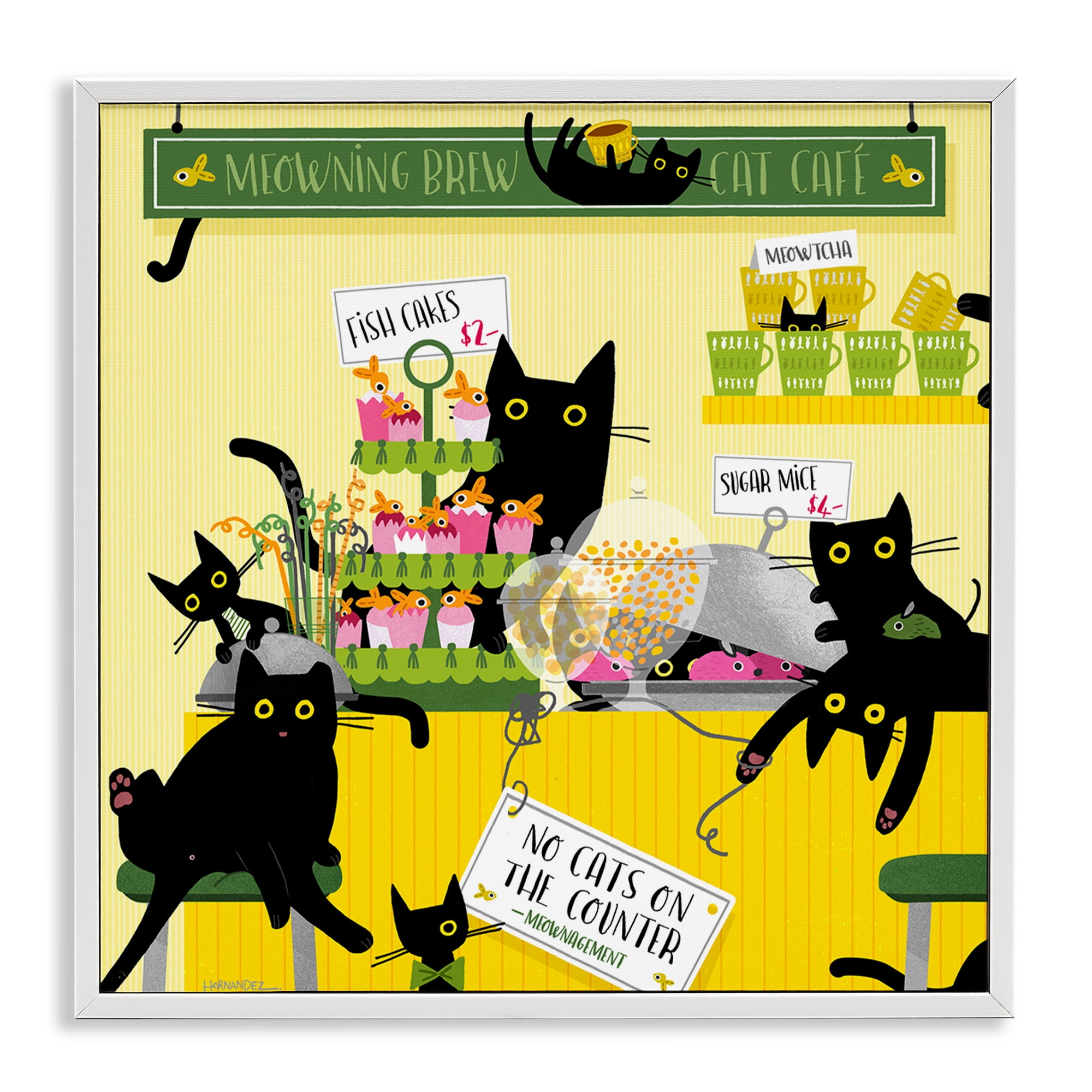 Stupell Industries Silly Cat Café Bakery Animals Painting White Framed Art Print Wall Art, 17 x 17