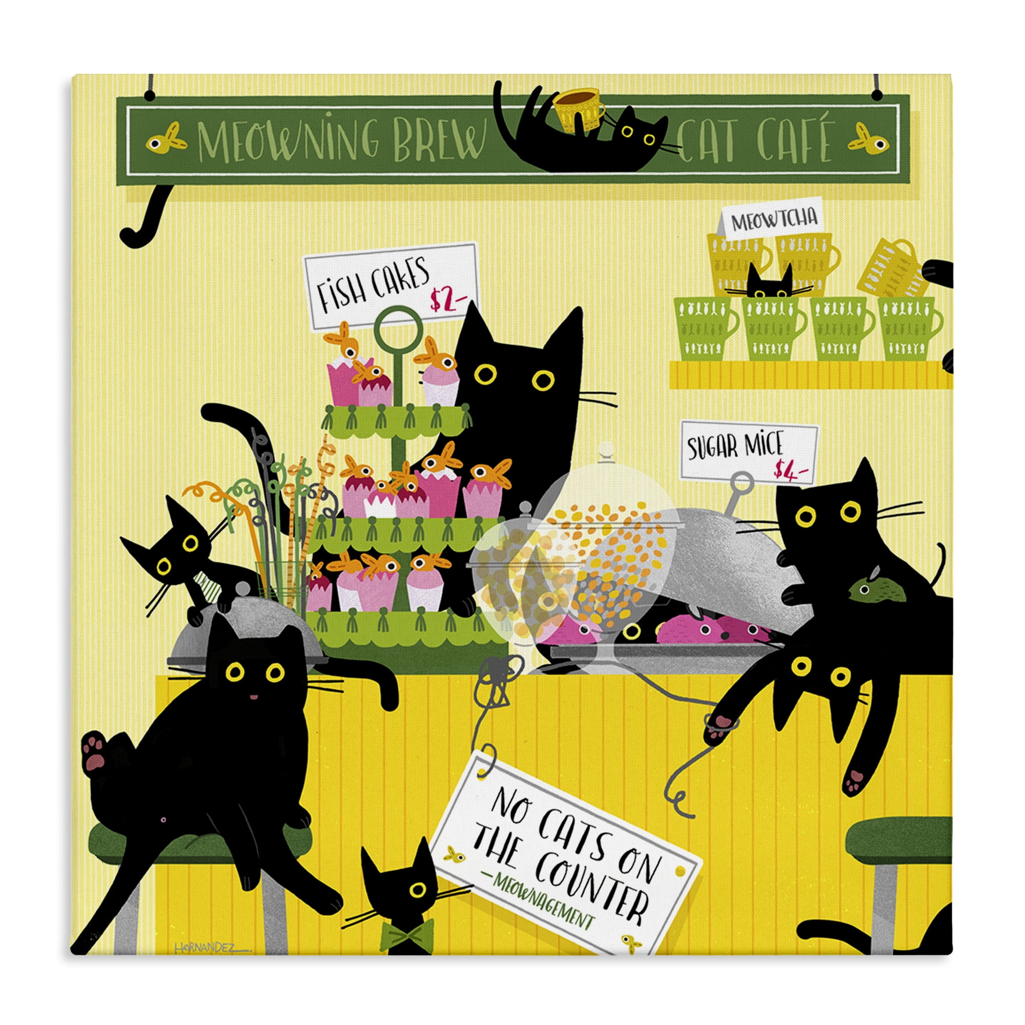 Stupell Industries Silly Cat Café Bakery Animals Painting Wrapped Canvas Art Print Wall Art, 24 x 24