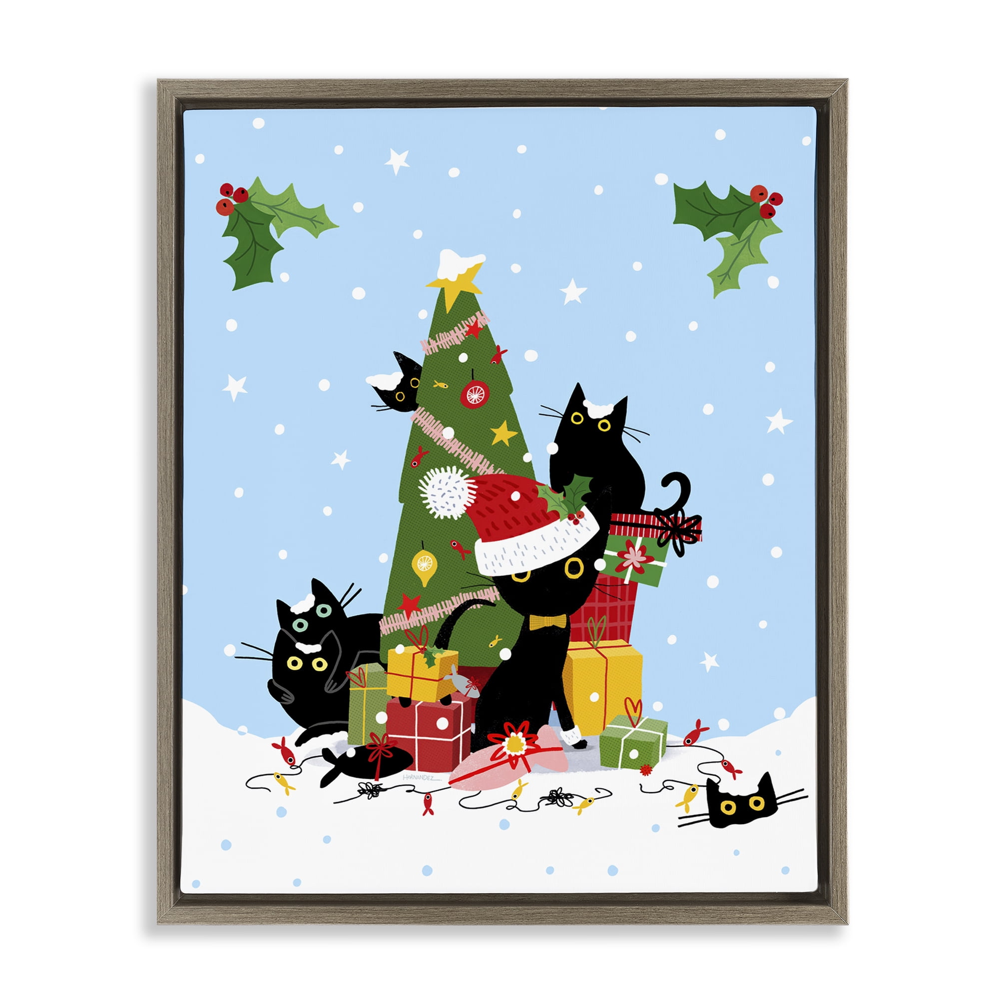 Stupell Industries Silly Cats in Christmas Tree Holiday Painting Brown Floater Framed Canvas Art Prints Wall Art, 25 x 31
