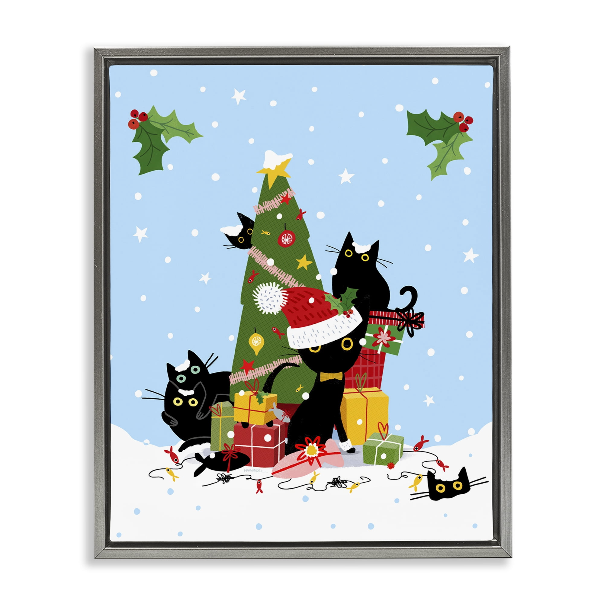 Stupell Industries Silly Cats in Christmas Tree Holiday Painting Gray Floater Framed Canvas Art Prints Wall Art, 25 x 31