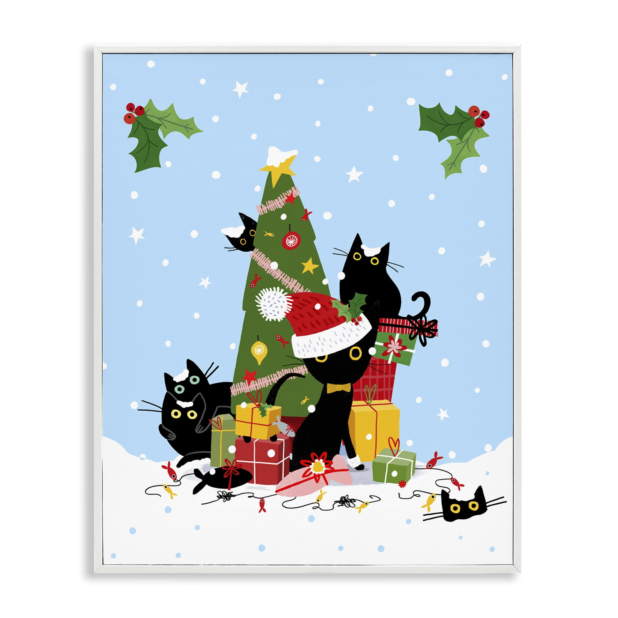 Stupell Industries Silly Cats in Christmas Tree Holiday Painting White Framed Art Prints Wall Art, 16 x 20