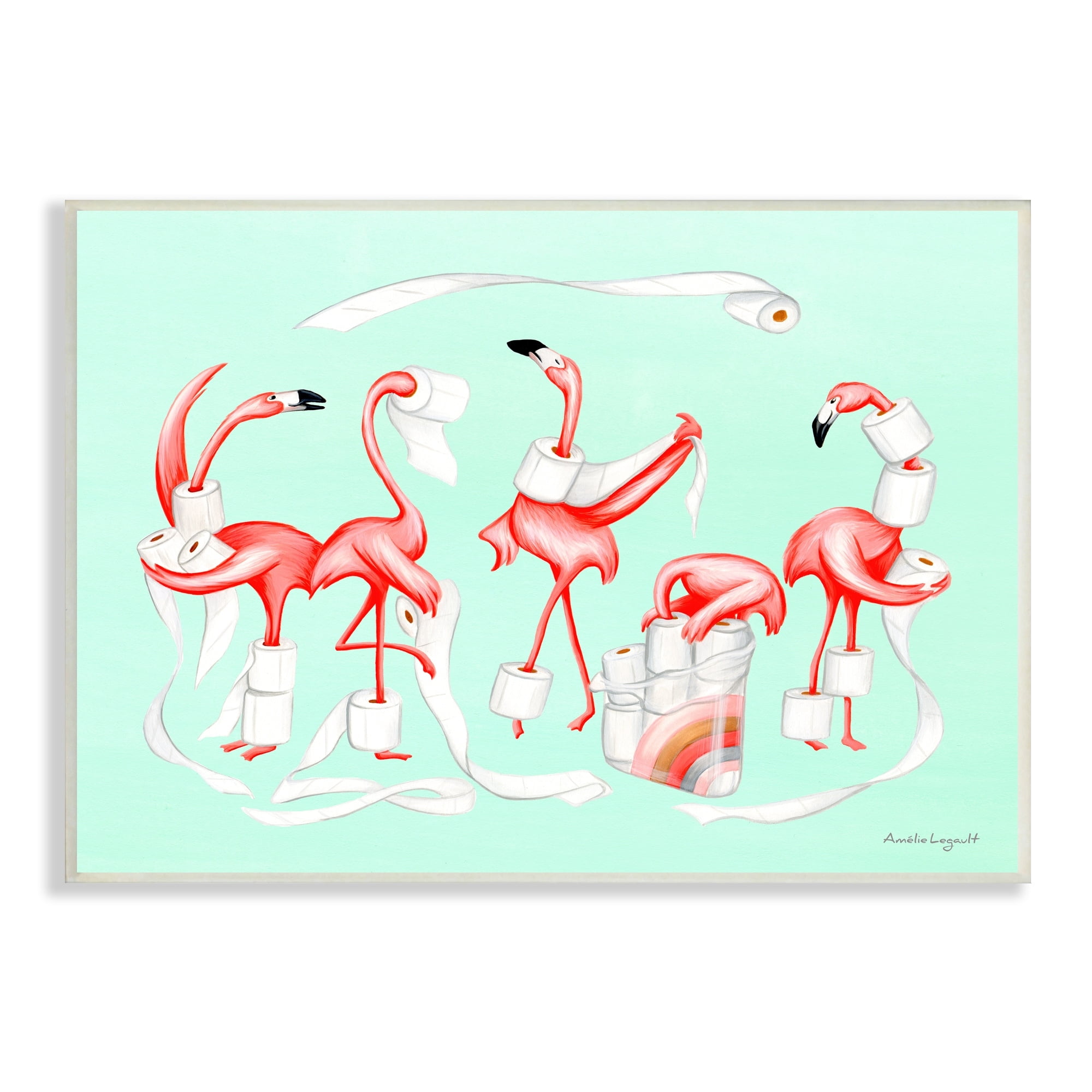 Silly Flamingos Bathroom Illustration on MDF Wood Plaque