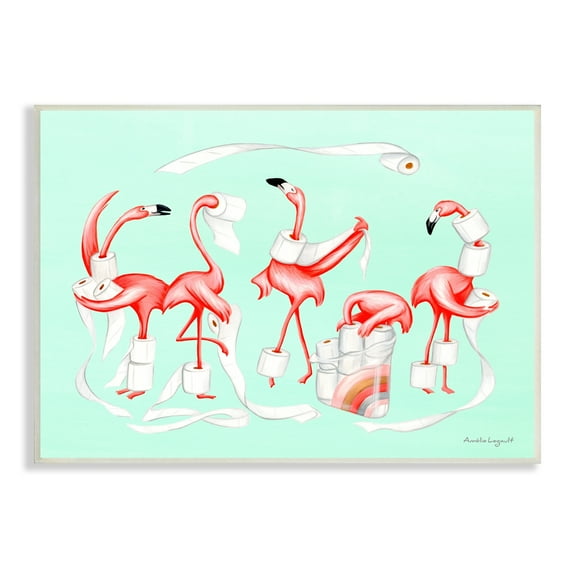 Stupell Industries Silly Flamingos Toilet Paper Rolls Bathroom Illustration Graphic Art Unframed Art Print Wall Art, Design by Amelie Legault