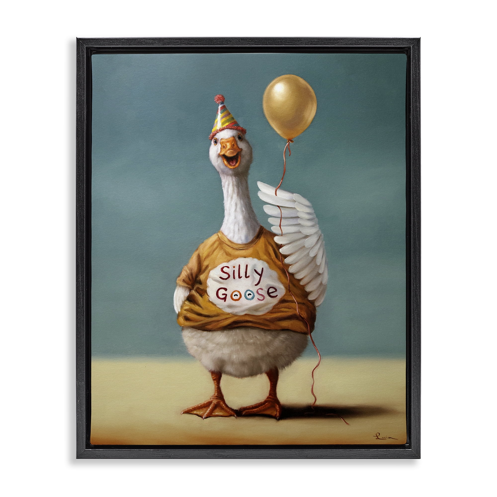 Stupell Industries Silly Goose with Balloon Black Framed Floater Canvas Wall Art, design by Lucia Heffernan
