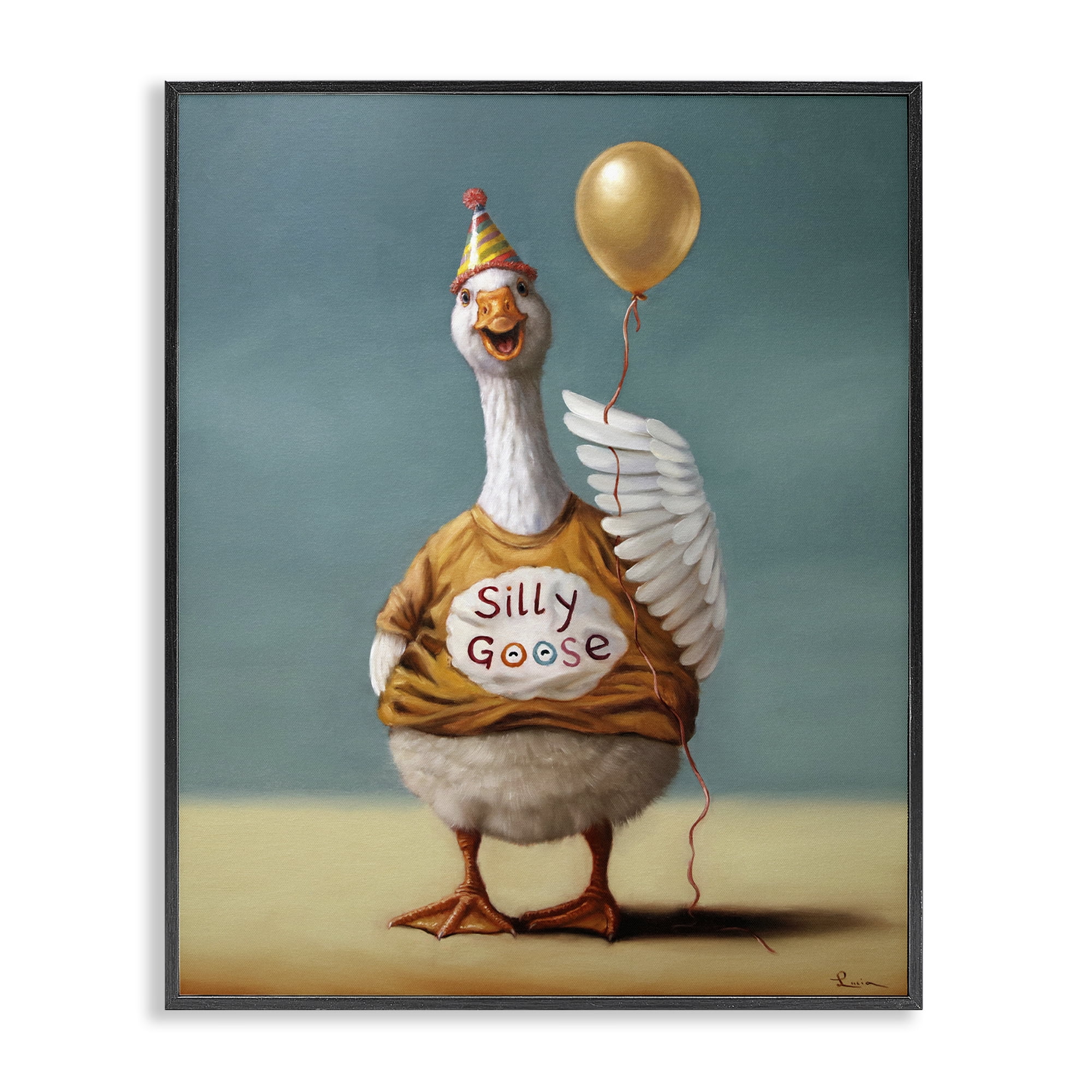 Stupell Industries Silly Goose with Balloon Black Framed Giclee Art, design by Lucia Heffernan