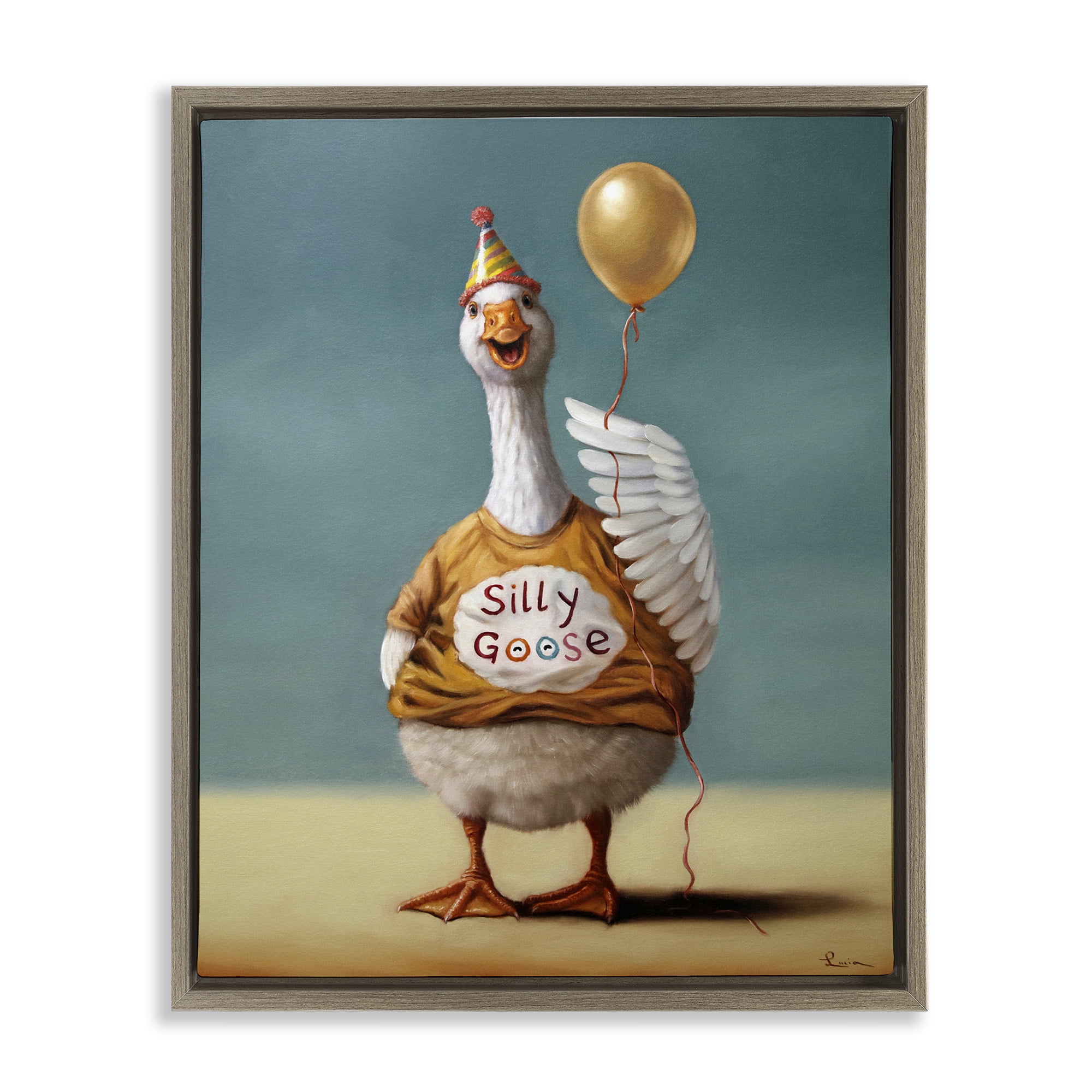 Stupell Industries Silly Goose with Balloon Brown Framed Floater Canvas Wall Art, design by Lucia Heffernan