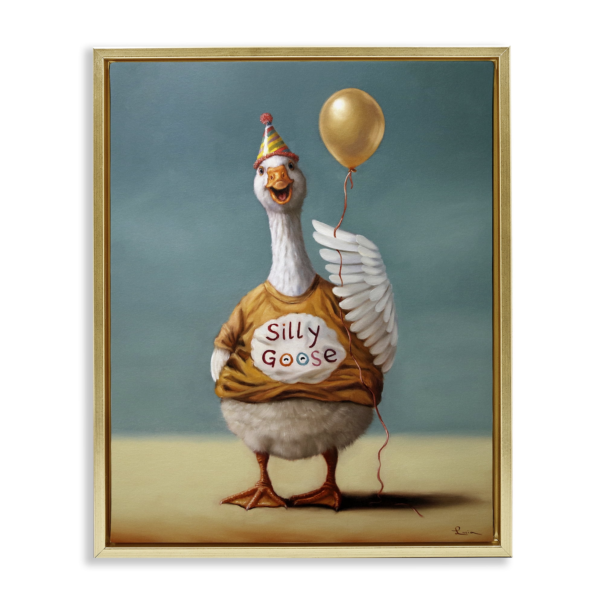 Stupell Industries Silly Goose with Balloon Gold Framed Floater Canvas Wall Art, design by Lucia Heffernan