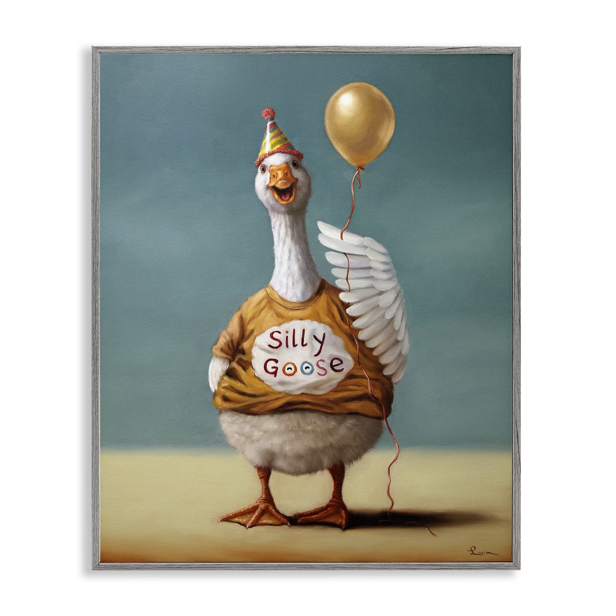 Stupell Industries Silly Goose with Balloon Gray Framed Giclee Art, design by Lucia Heffernan