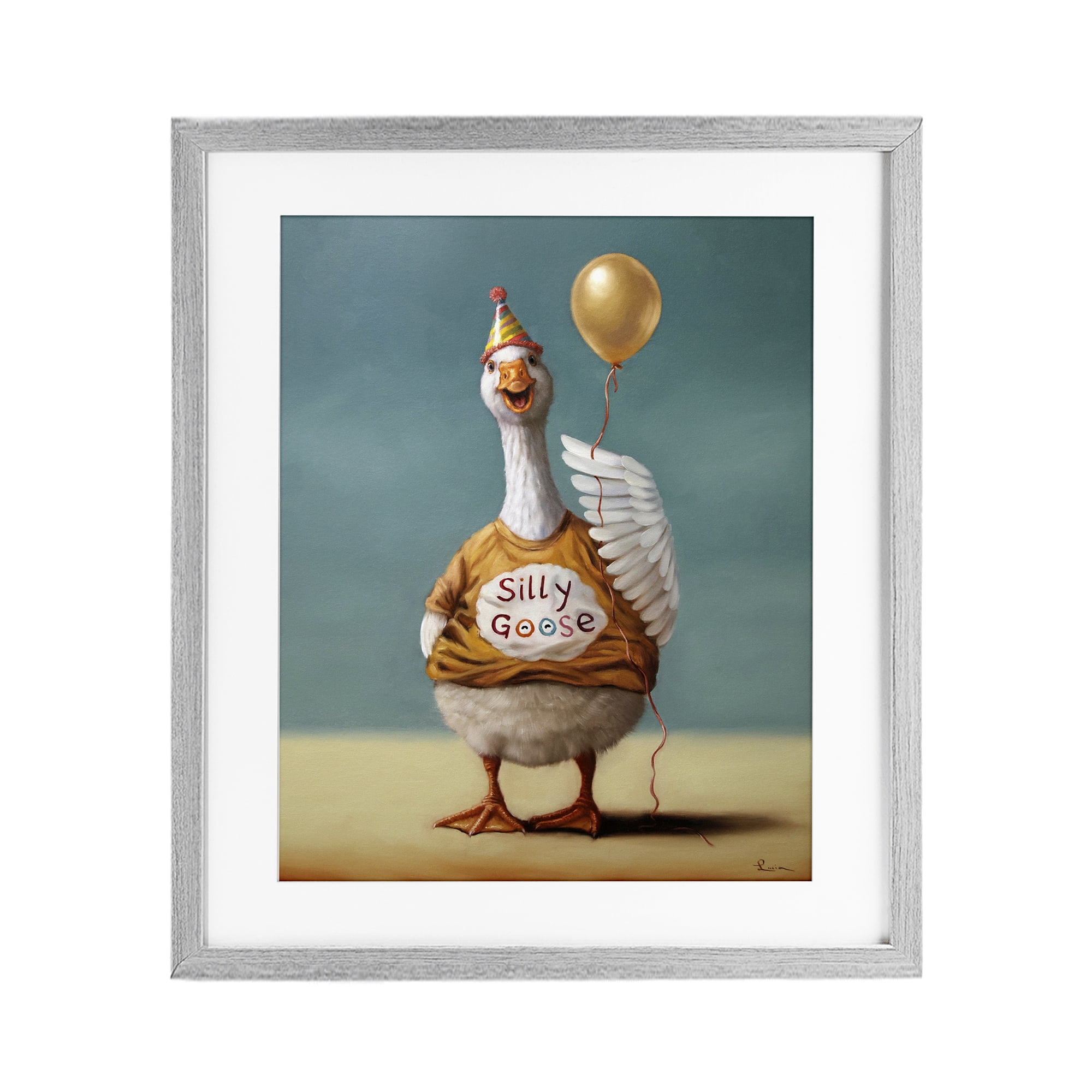 Stupell Industries Silly Goose with Balloon Gray Framed Print Under Glass, design by Lucia Heffernan