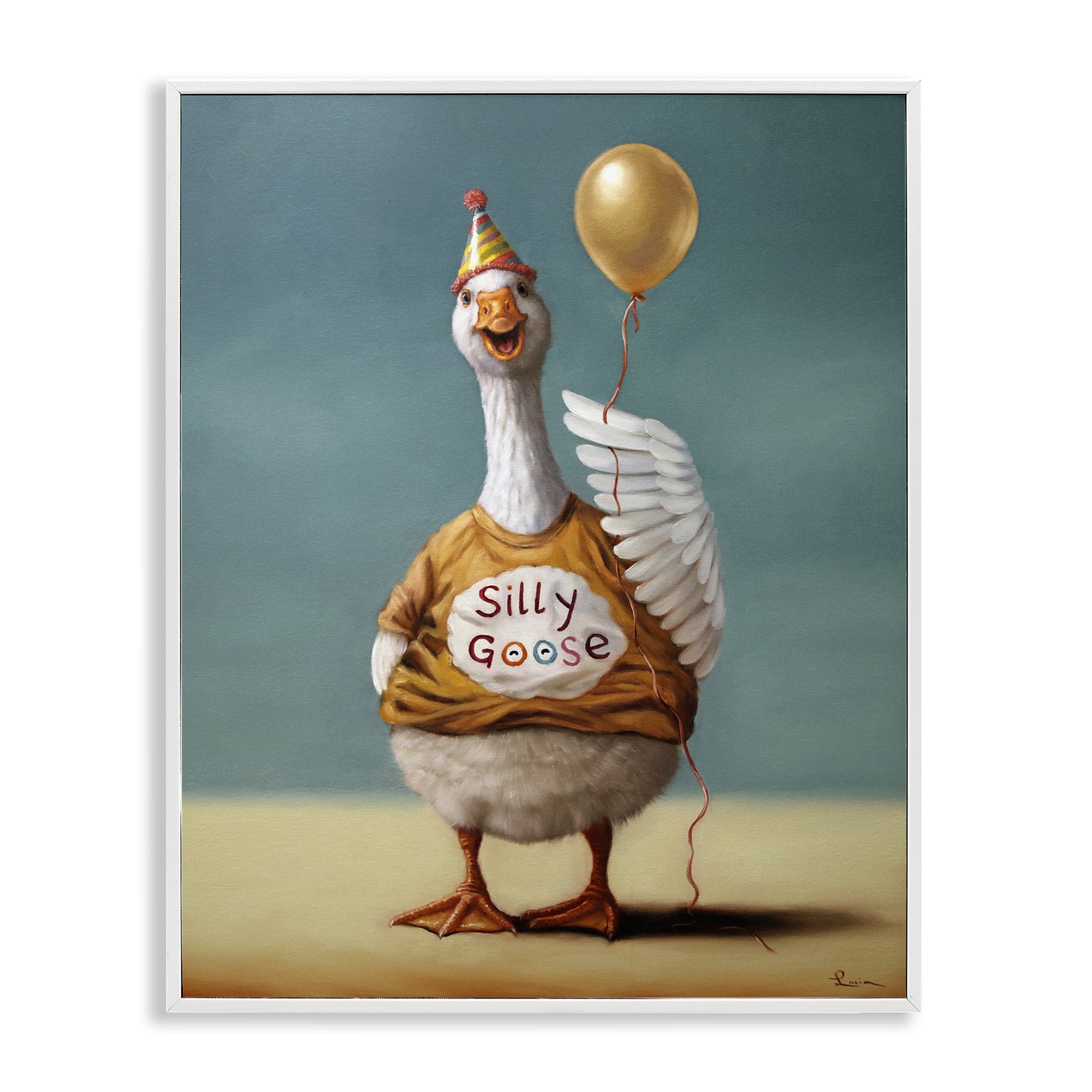 Stupell Industries Silly Goose with Balloon White Framed Giclee Art, design by Lucia Heffernan