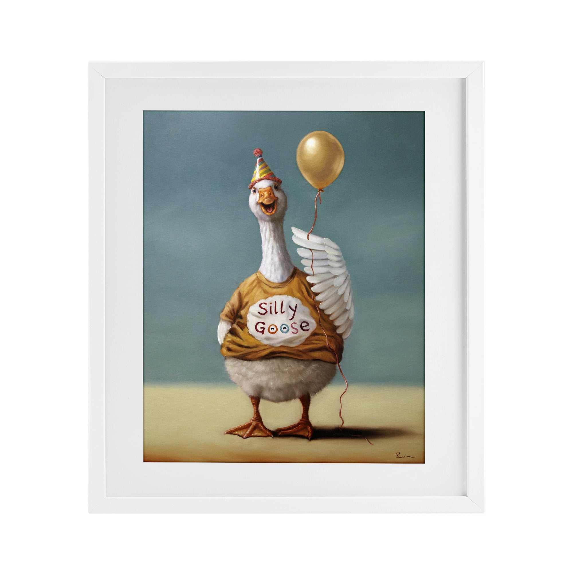 Stupell Industries Silly Goose with Balloon White Framed Print Under Glass, design by Lucia Heffernan