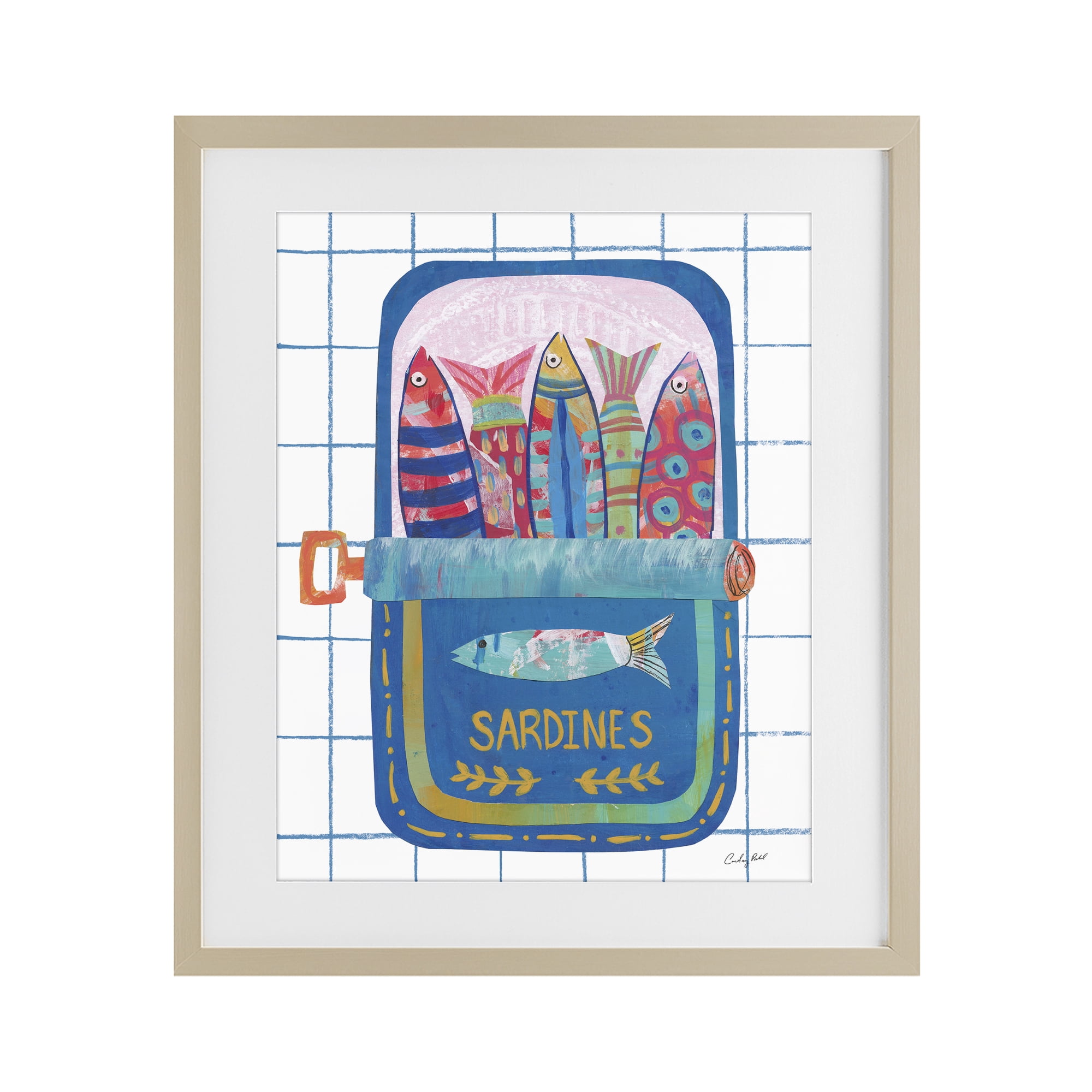 Stupell Industries Silly Sardines Blue Tin Birch Framed Print Under Glass, design by Courtney Prahl