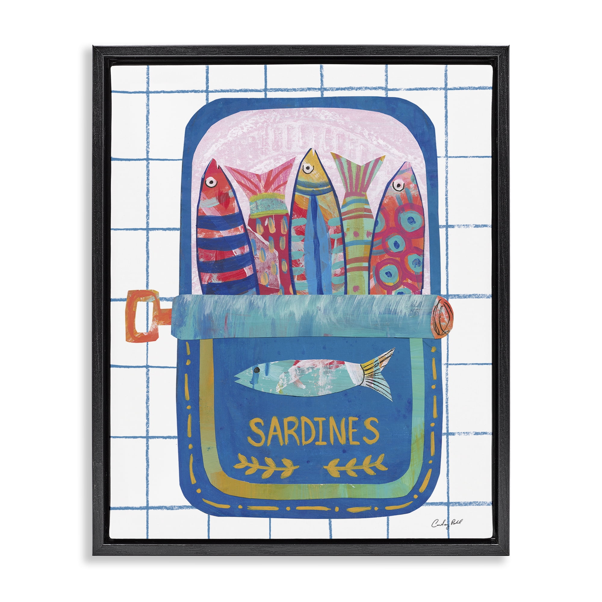 Stupell Industries Silly Sardines Blue Tin Black Framed Floater Canvas Wall Art, design by Courtney Prahl