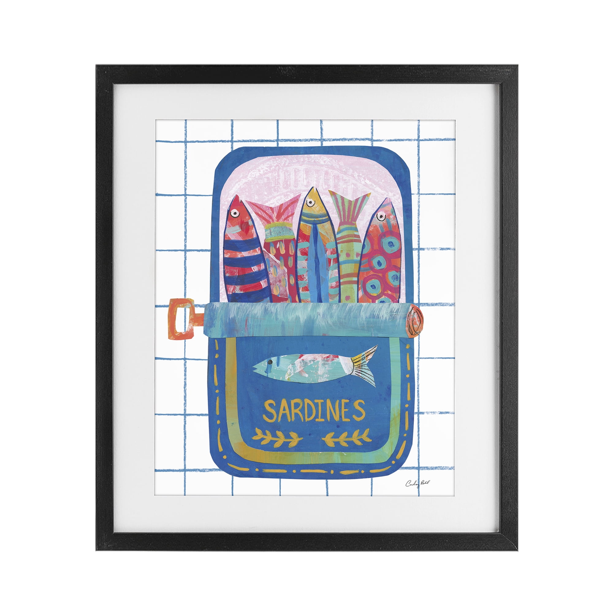 Stupell Industries Silly Sardines Blue Tin Black Framed Print Under Glass, design by Courtney Prahl