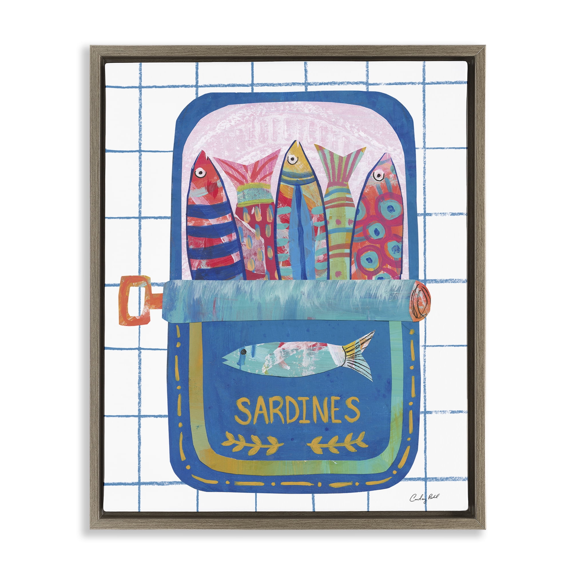 Stupell Industries Silly Sardines Blue Tin Brown Framed Floater Canvas Wall Art, design by Courtney Prahl