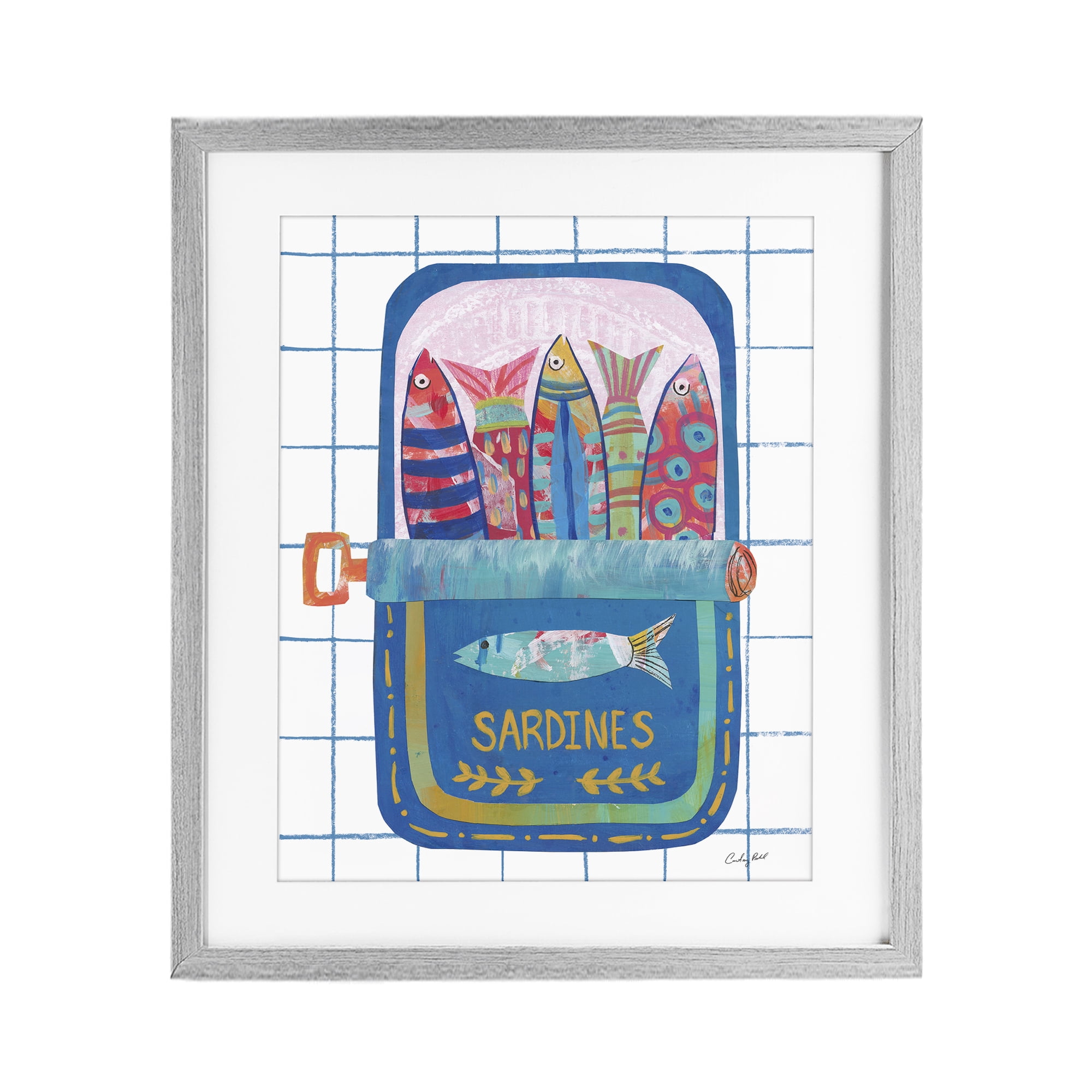 Stupell Industries Silly Sardines Blue Tin Gray Framed Print Under Glass, design by Courtney Prahl