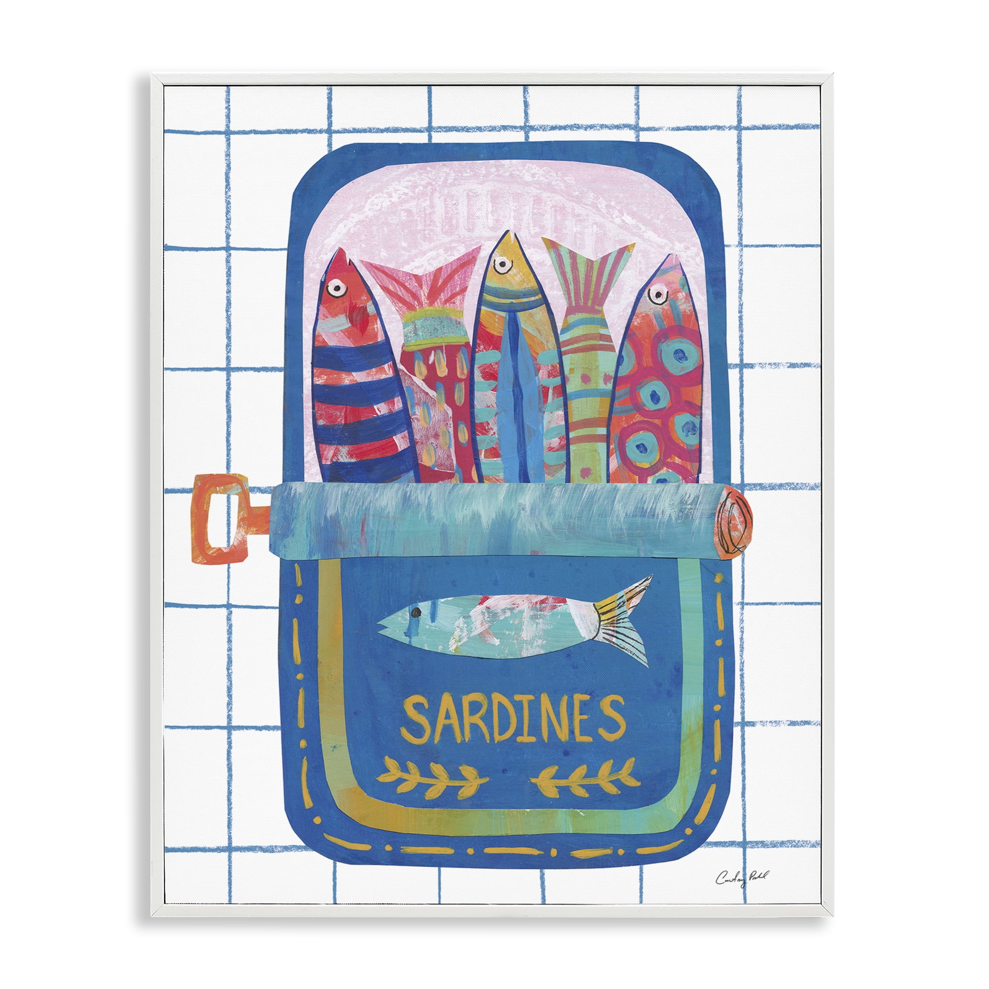 Stupell Industries Silly Sardines Blue Tin White Framed Giclee Art, design by Courtney Prahl