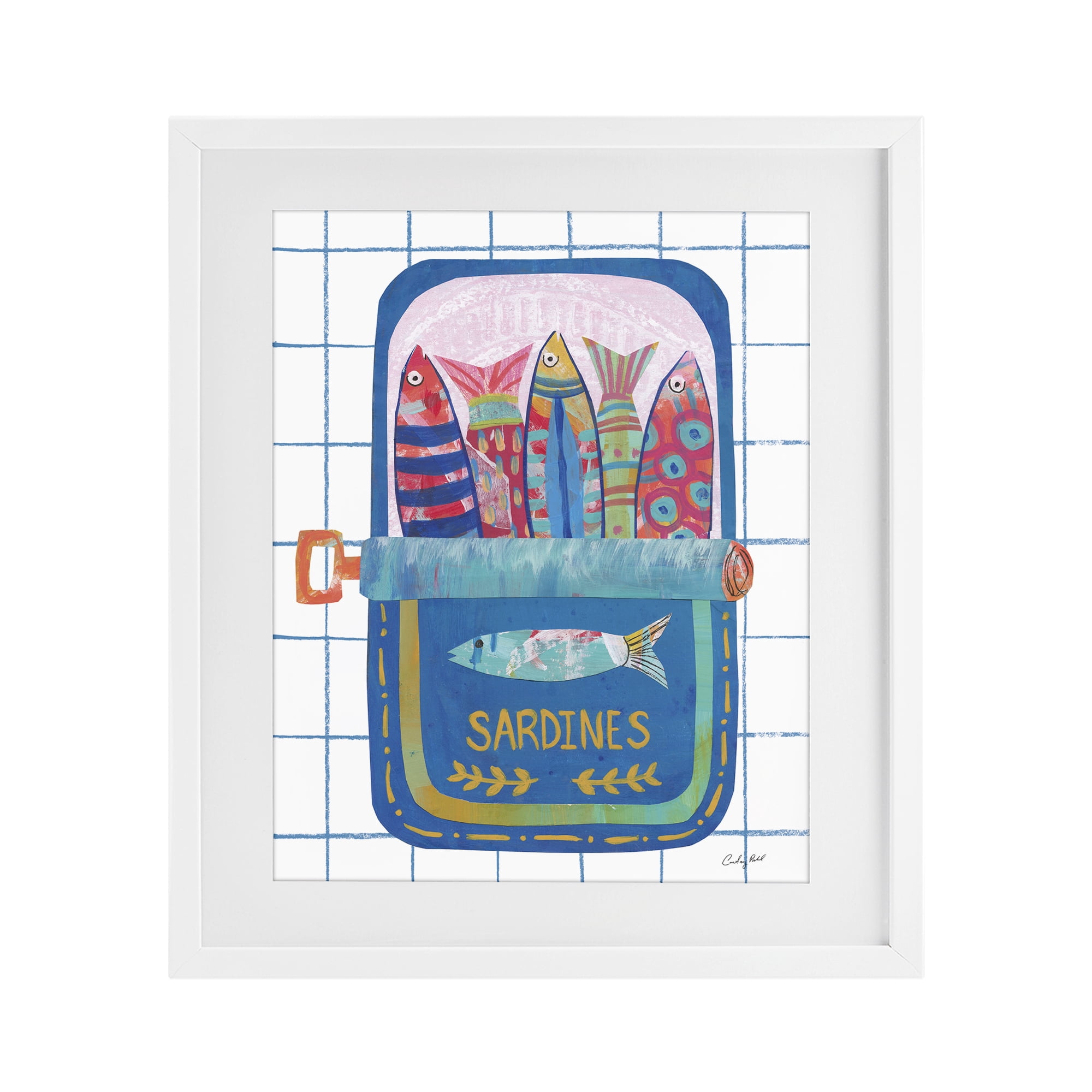 Stupell Industries Silly Sardines Blue Tin White Framed Print Under Glass, design by Courtney Prahl